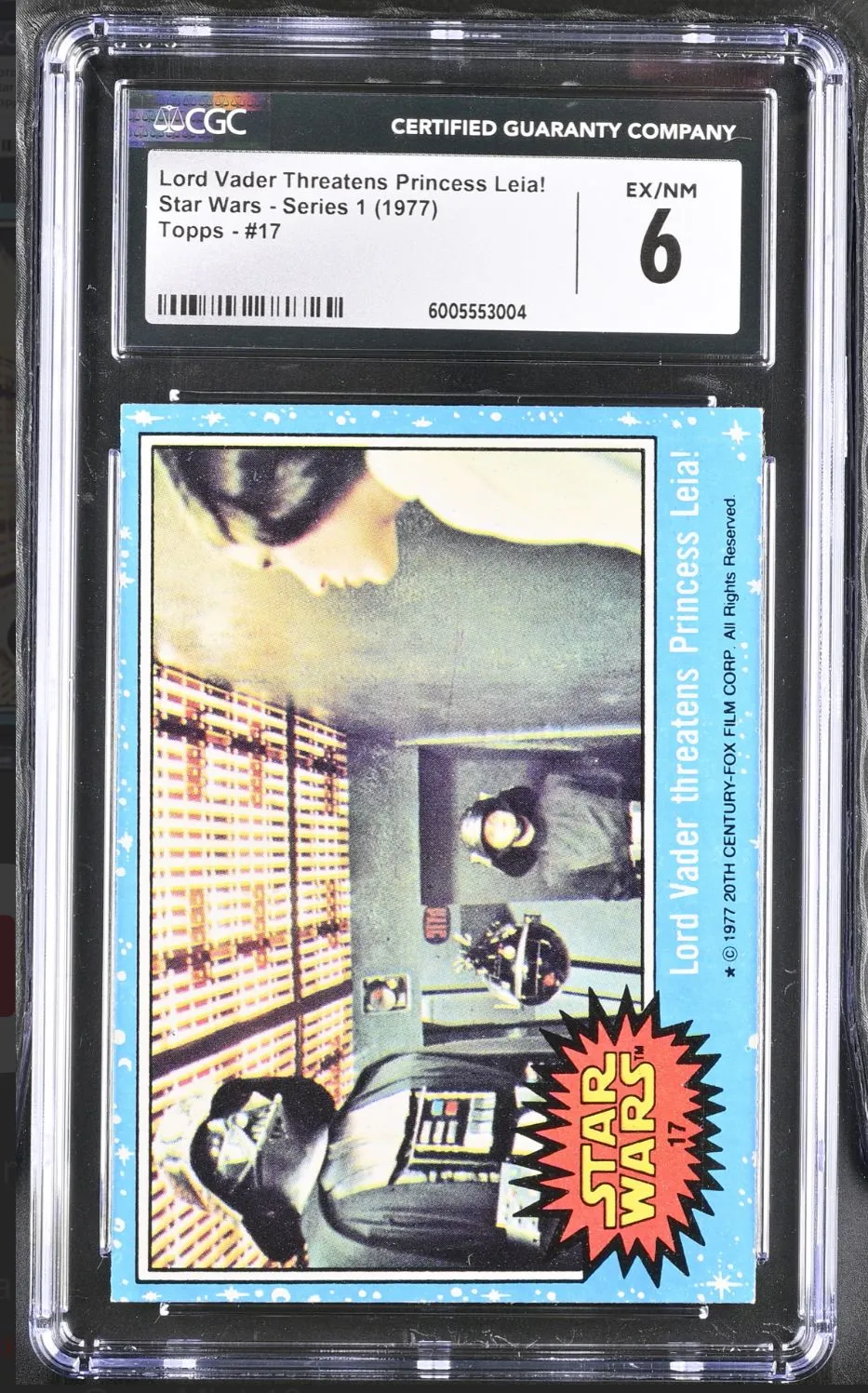 Product image for CGC EX/NM 6- 1977 Topps Star Wars 17 (Series 1) LORD VADER THREATENS PRINCESS LEIA!