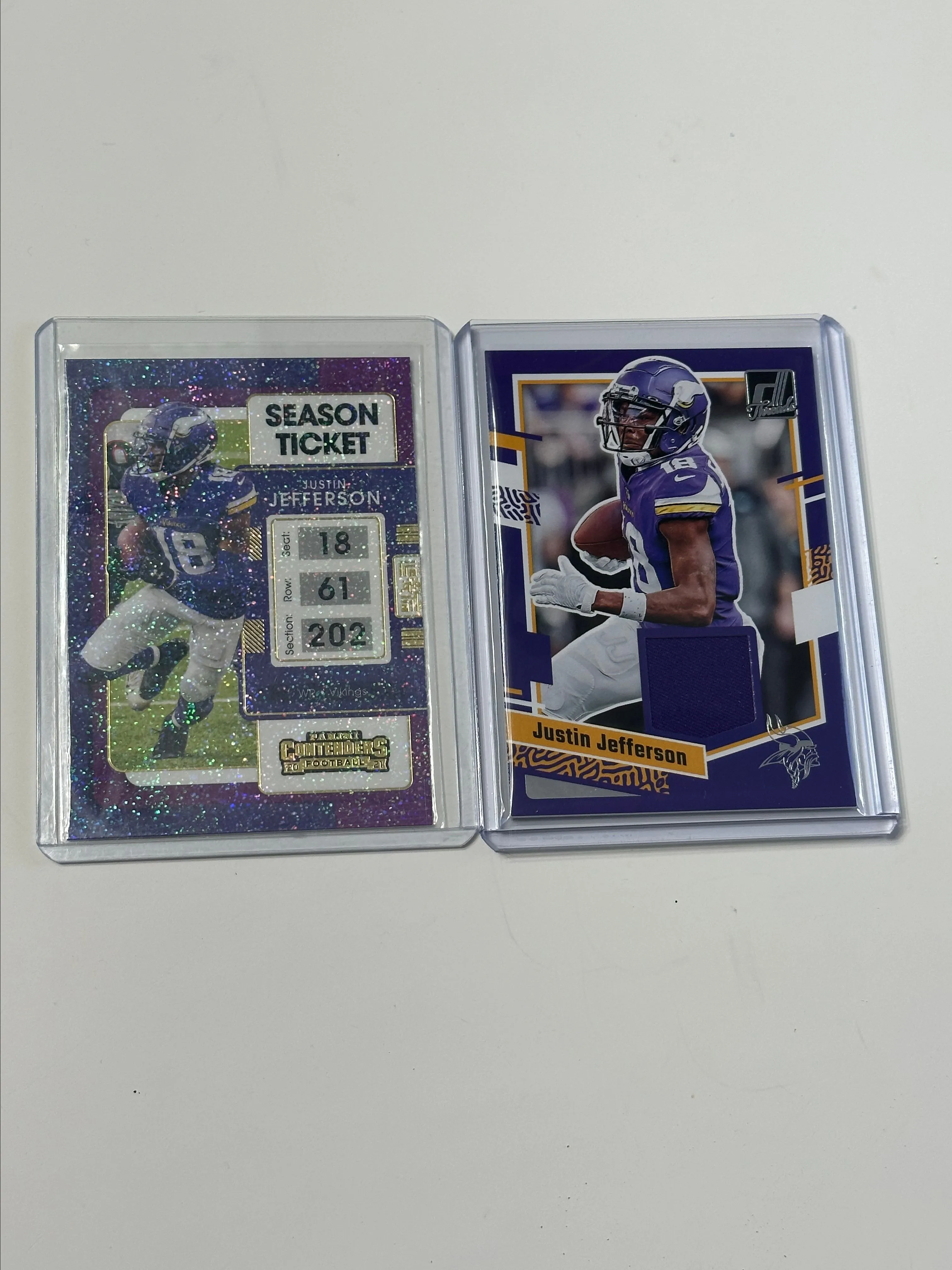 Product image for Justin Jefferson Contenders Stardust SSP Case Hit and JJ Donruss Threads Patch Jersey Vikings