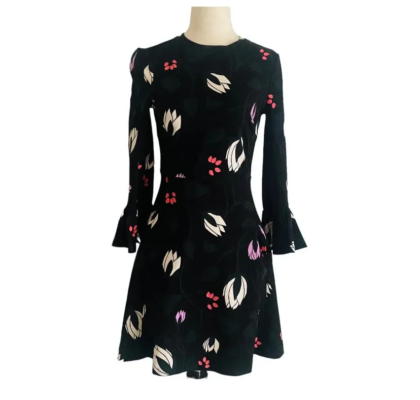 Product image for Kate Spade Long Bell Sleeve Floral Print Mini Dress Black Stretchy XXS Zip AG23