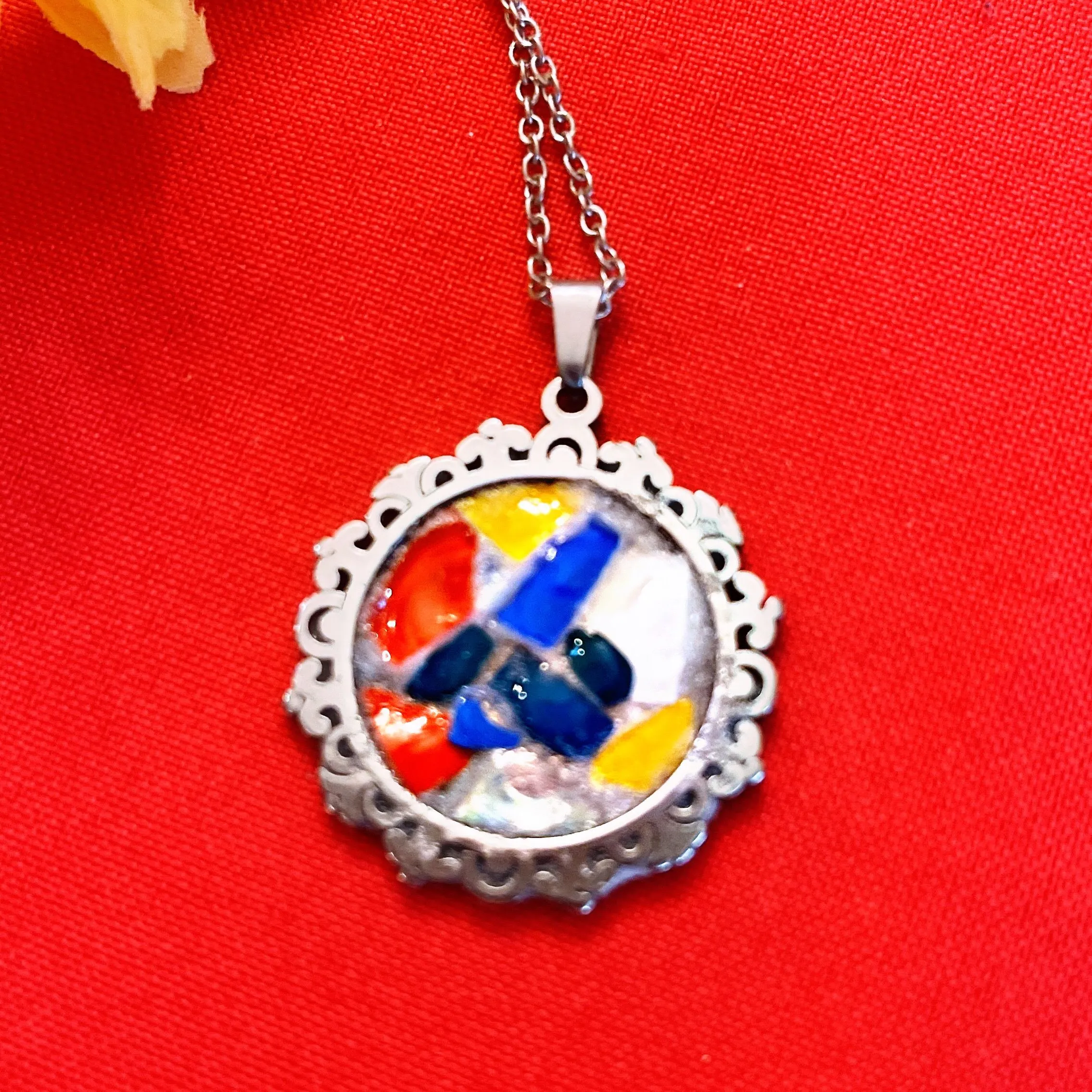 Product image for Multicolored Mosaic Glass and Silver Pendant Necklace