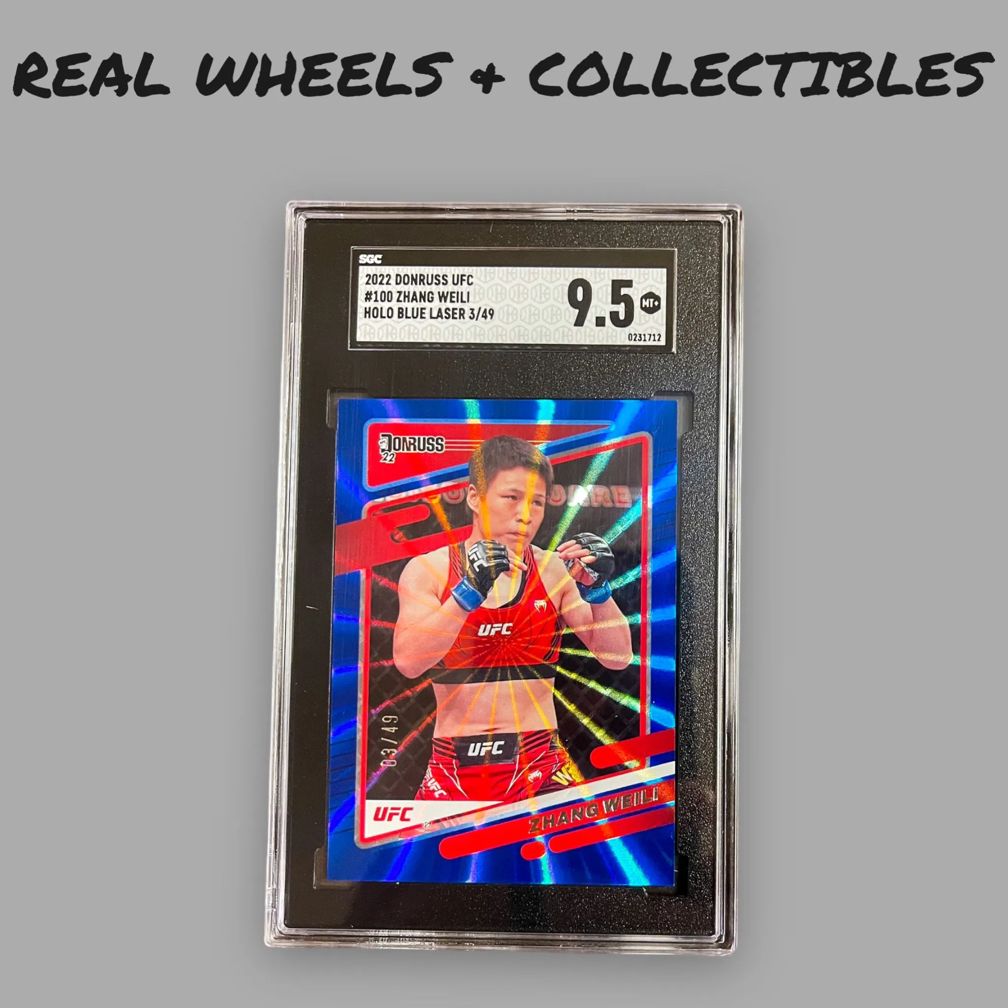 Product image for Zhang Weili Holo Blue Laser 3/49 2022 Donruss UFC #100 SGC 9.5 MT+ POP 1