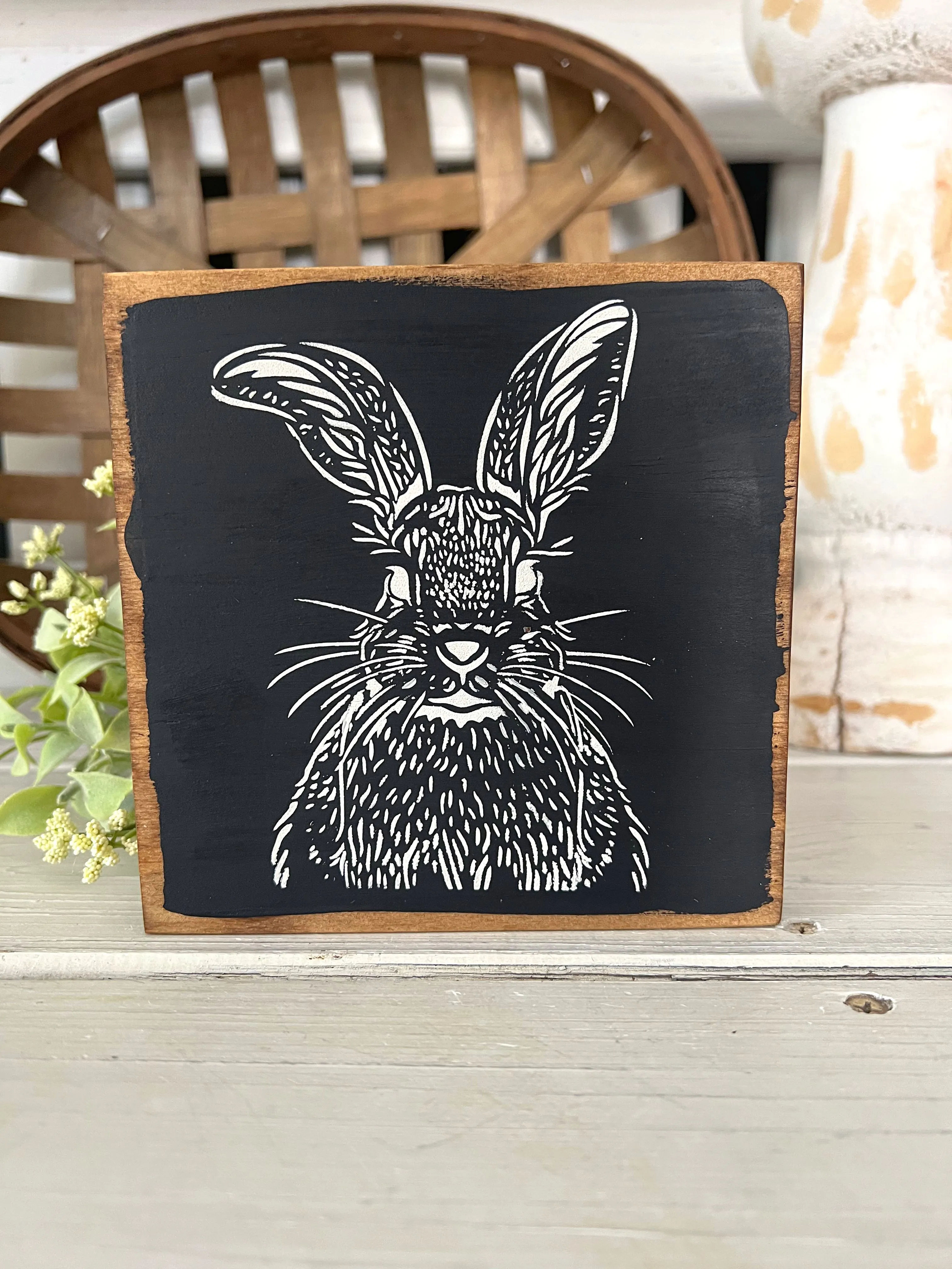 Product image for 6 by 6 Bunny white on black background, vintage style