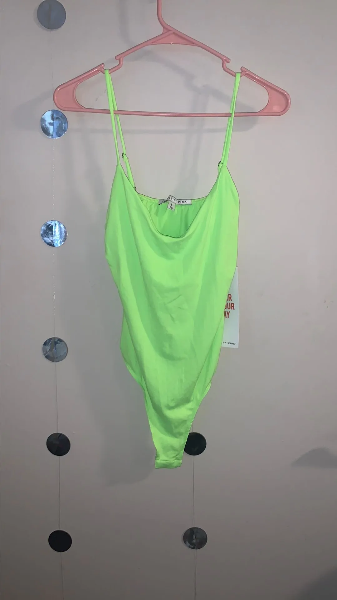 Product image for 35.Neon  Green Cami Bodysuit size Large by Celebrity Pink still with tags