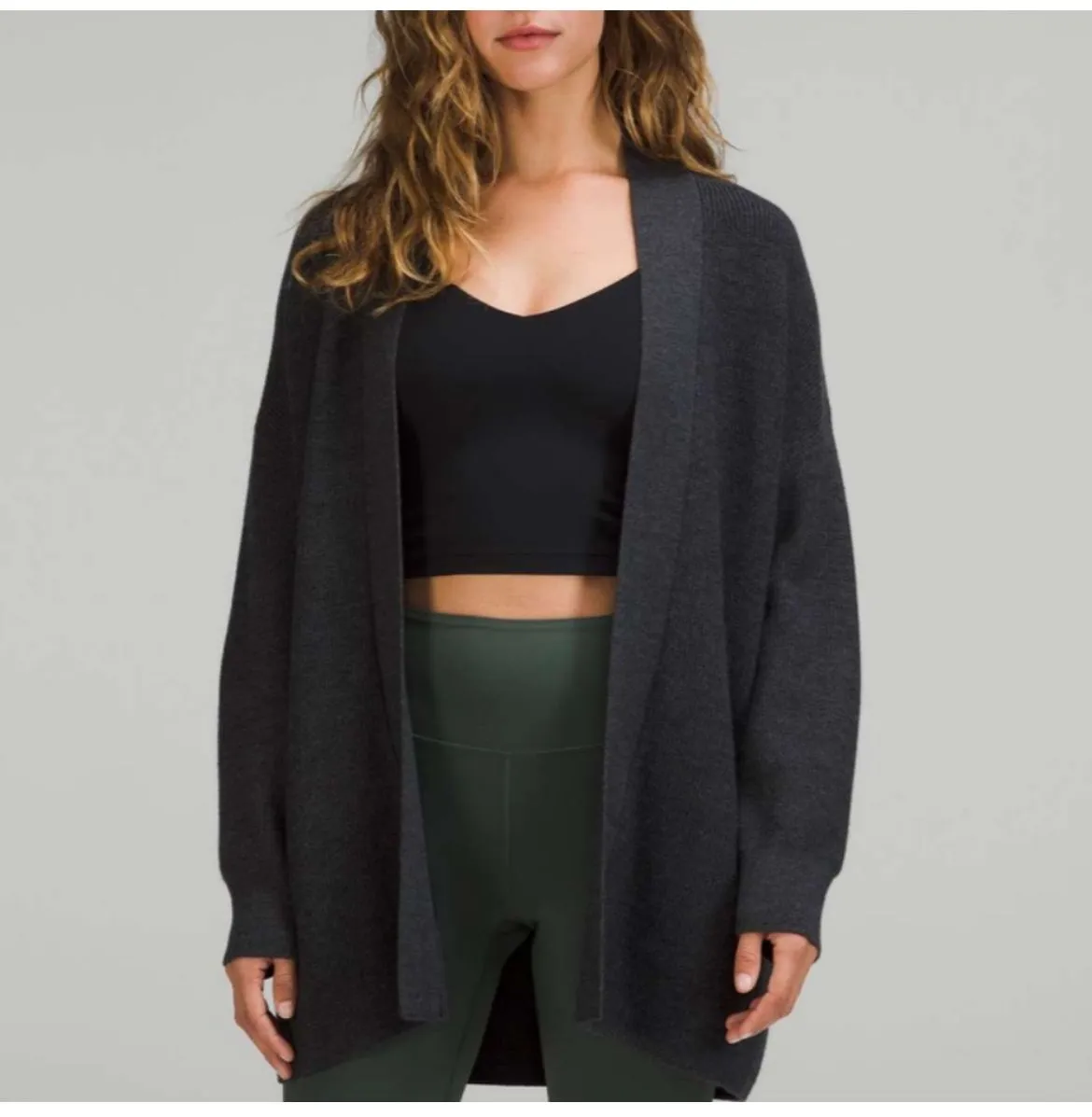 Product image for NWT Lululemon Merino Wool-Blend Ribbed Long Wrap Sweater in Heathered Black
