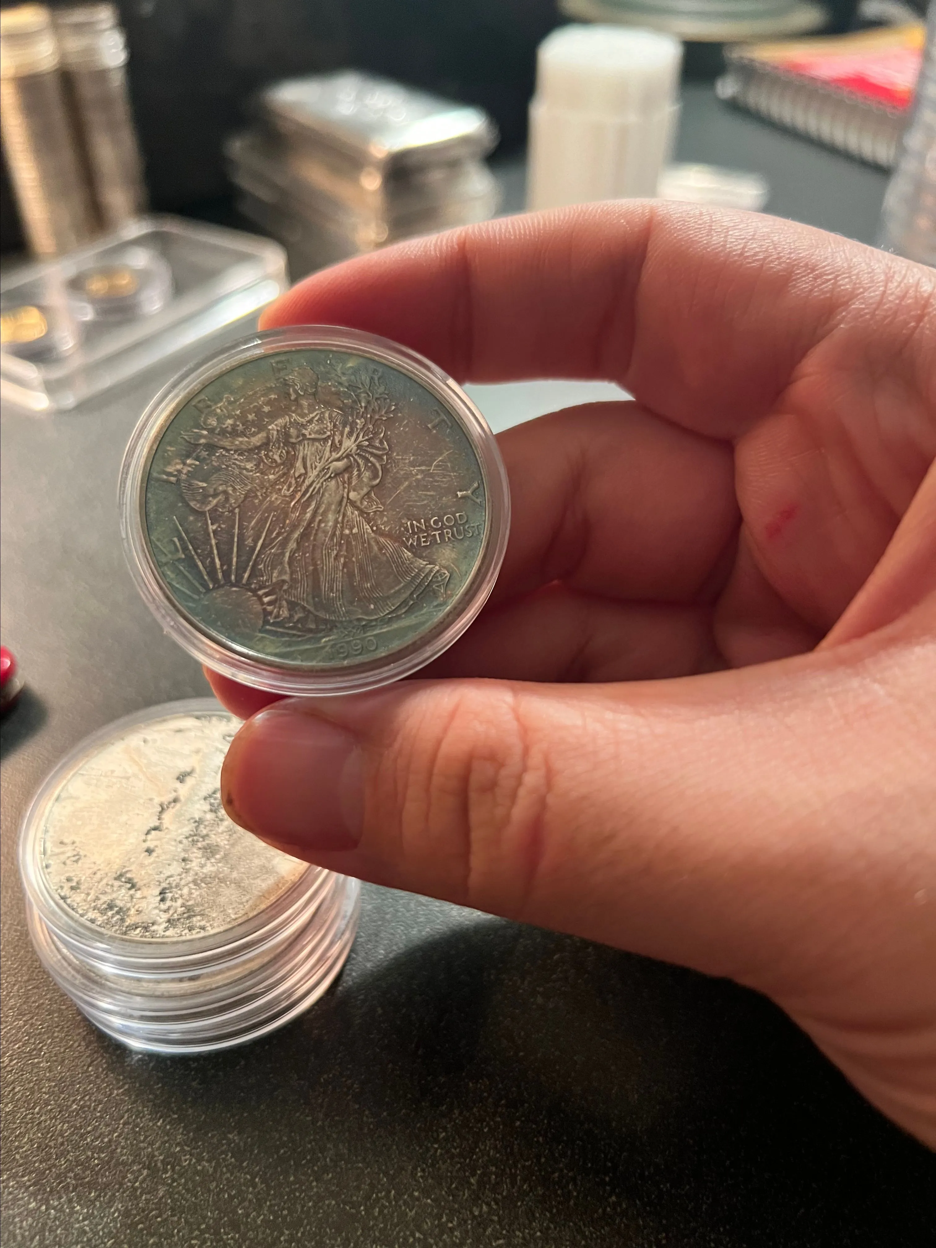 Product image for 1990 American Silver Eagle artificially toned