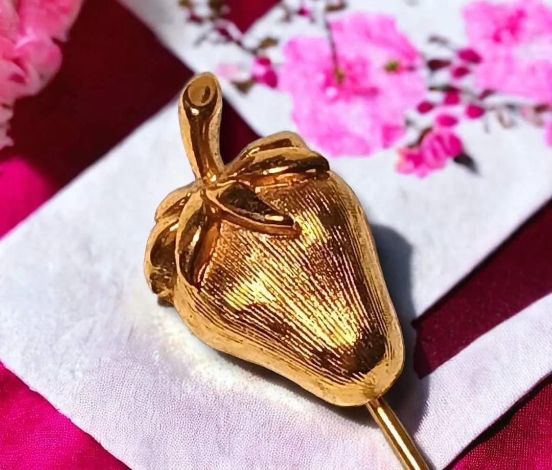 Product image for Vintage Trifari crown signed strawberry stick pin. Pin measures 2 3/4" L x 1/2" W.