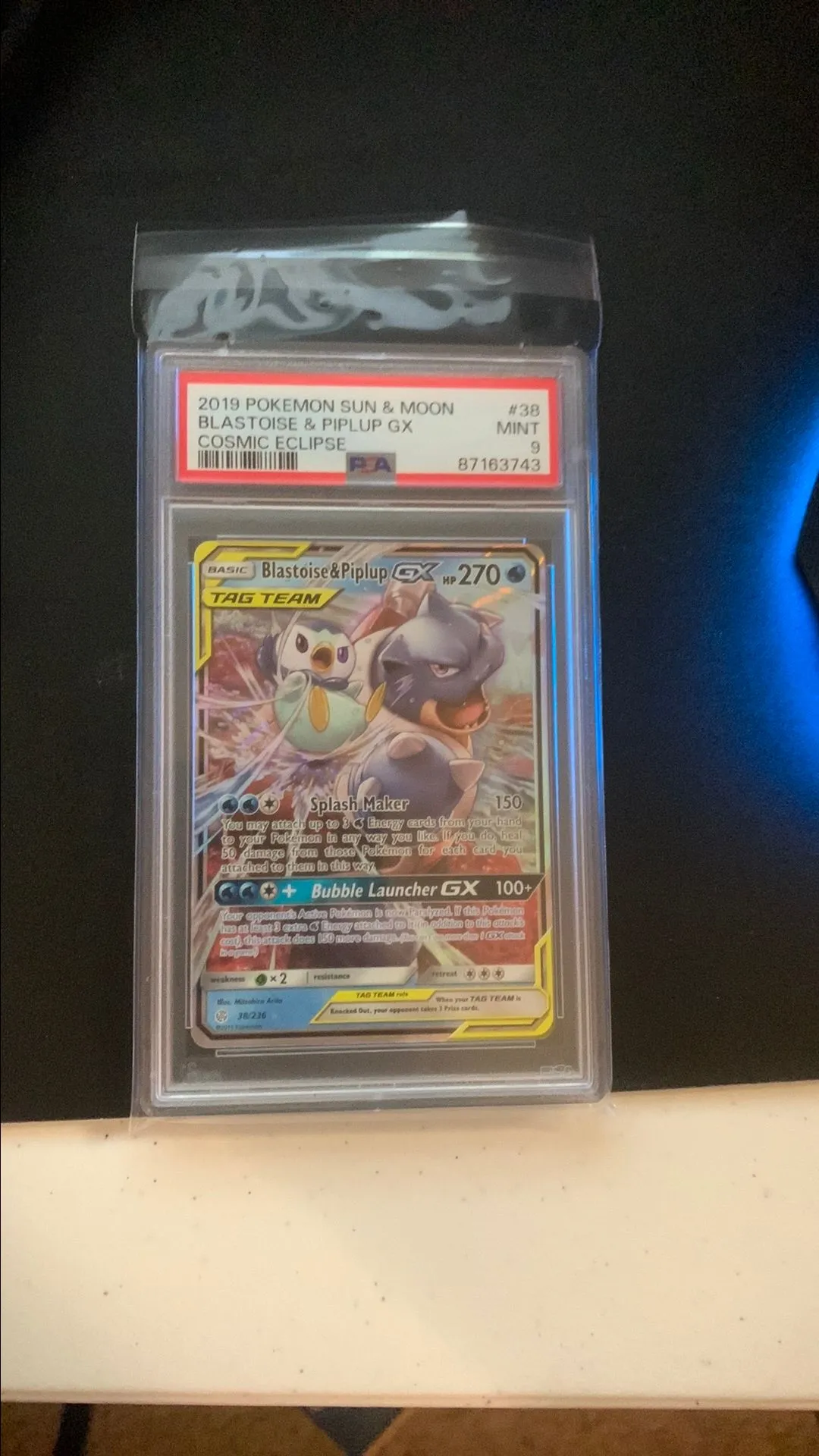Product image for 2019 Pokémon Sun and Moon Blastoise and Pipup GX Cosmic Eclipse Mint 9