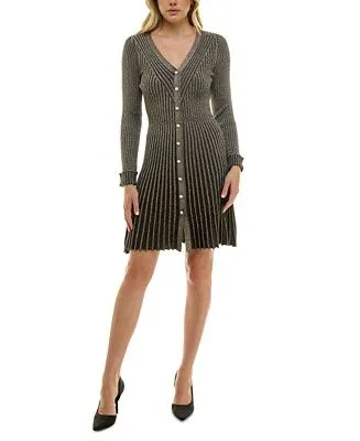 Product image for TAYLOR Metallic Fit & Flare Sweater Dress Small Long Sleeve Faux Pearl Buttons