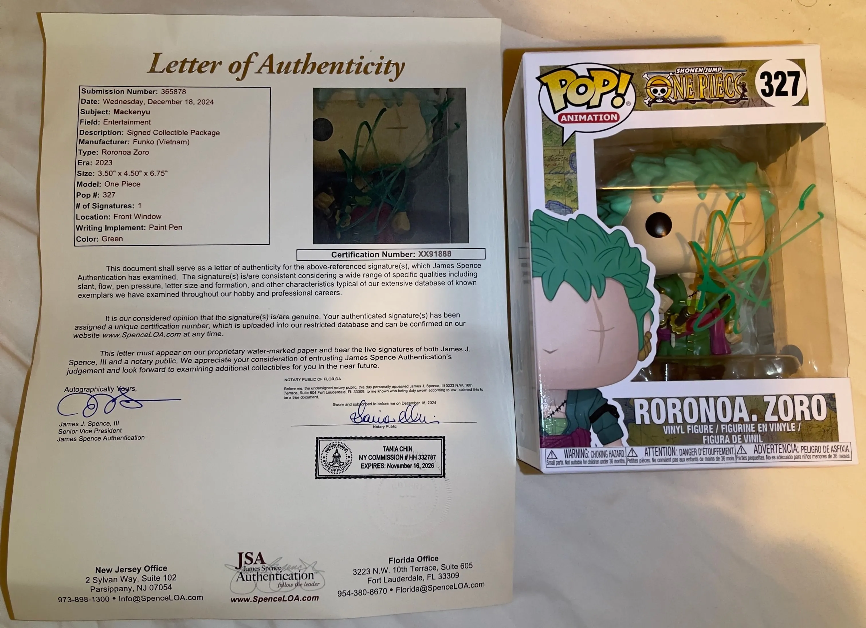 Product image for One Piece Netflix Anime Roronoa Zoro #327 signed (Live Action) Mackenyu JSA COA