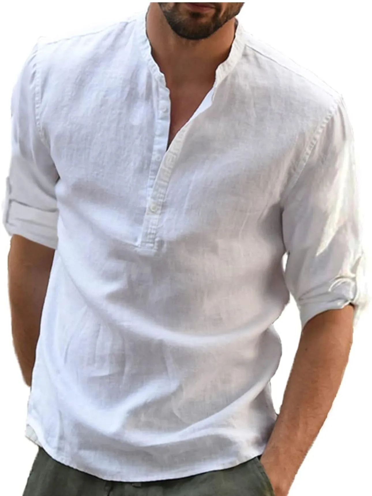 Product image for Men's Casual Blouse Cotton Linen Henley Shirt Loose