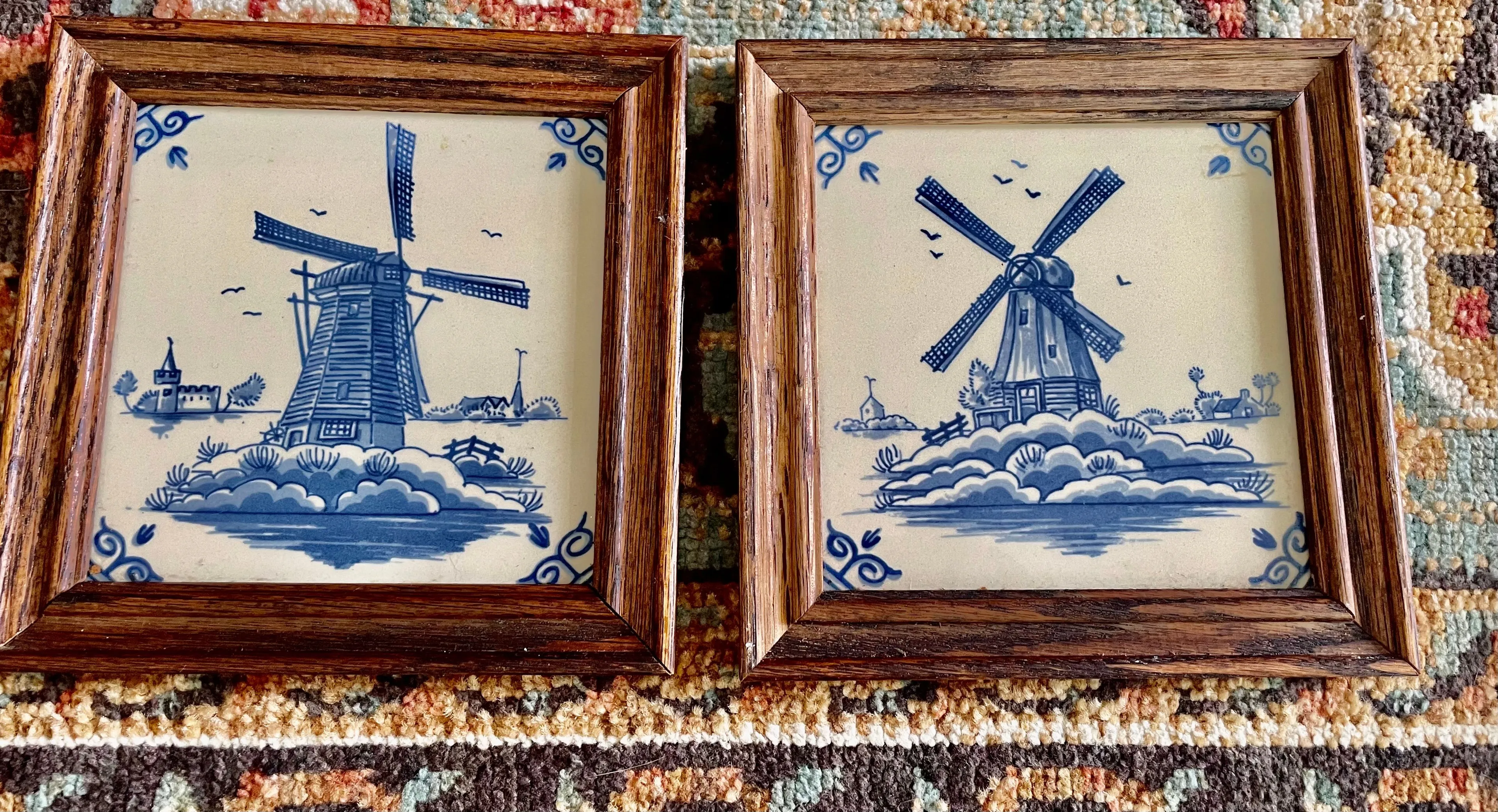 Product image for VTG Set of 2 Holland Delft Wall Plaque Ceramic Trivet/Tile Windmill with Walnut Frame
