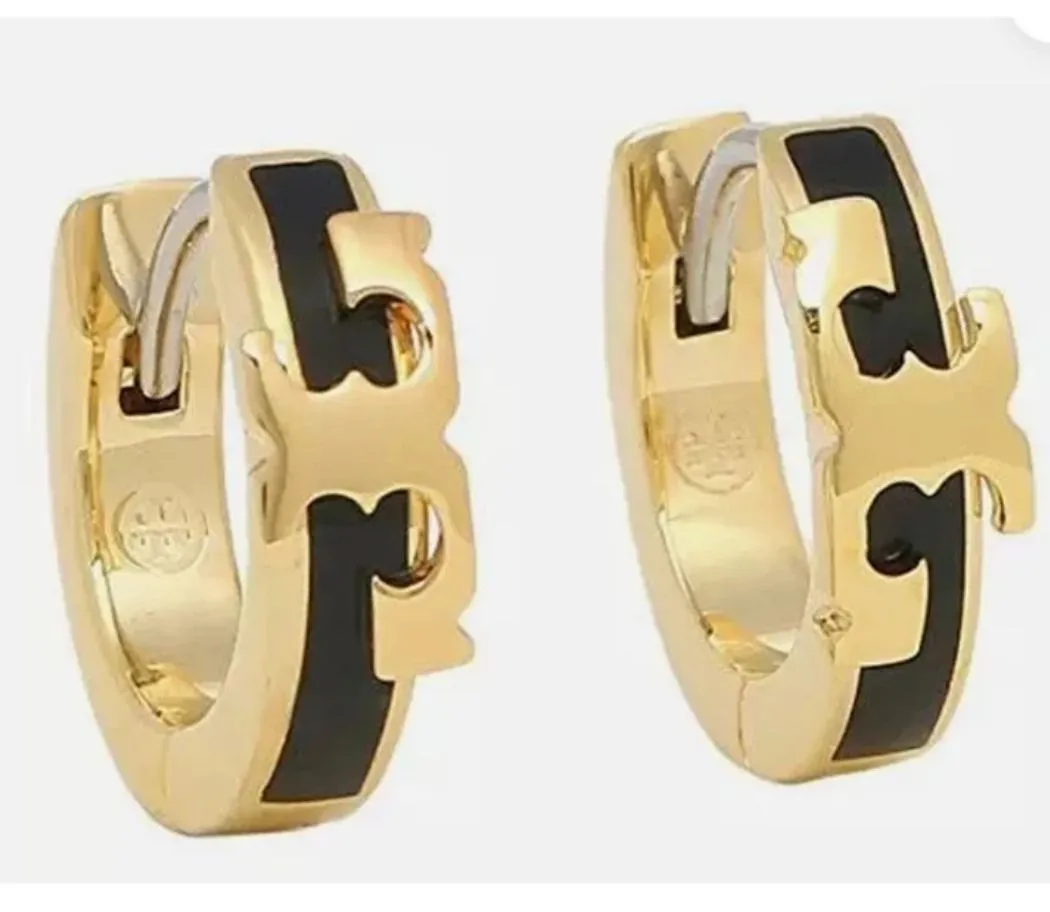 Product image for New Tory Burch KIRA ENAMEL HUGGIE EARRING; Gold and Black