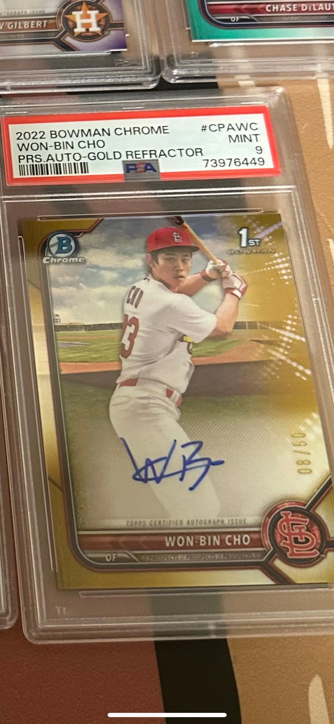 Product image for 2022 Bowman Chrome Prospect Autographs Won-Bin Cho CPAWC Prs.Auto-Gold Refractor PSA MINT 9