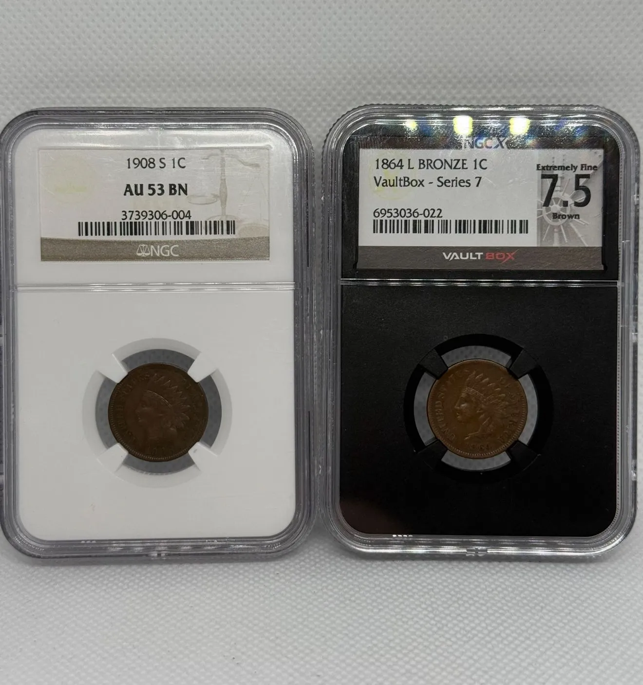 Product image for 1908-S NGC AU53 and 1864 L Bronze NGC EF 7.5