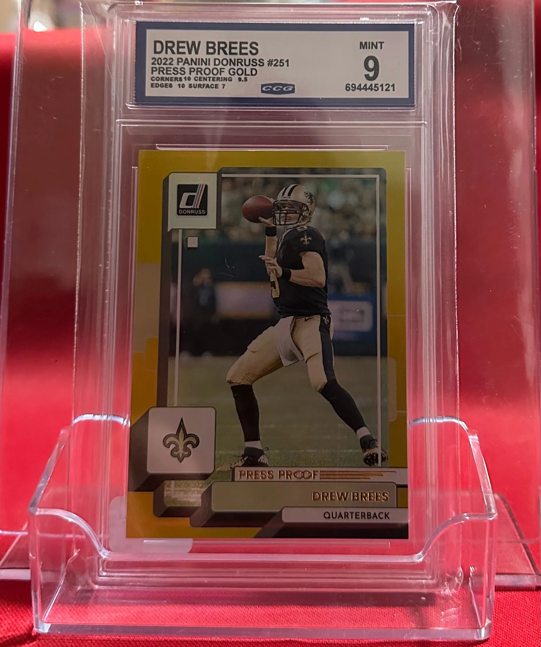 Product image for Drew Brees 2022 Panini Donruss Press Proof Premium Gold #251 Saints GM 9