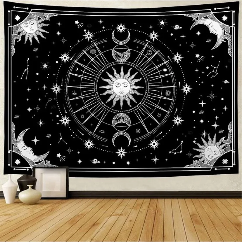 Product image for Tapestry Wall Hanging Celestial Sun Moon Stars Black White Witchy Boho Halloween