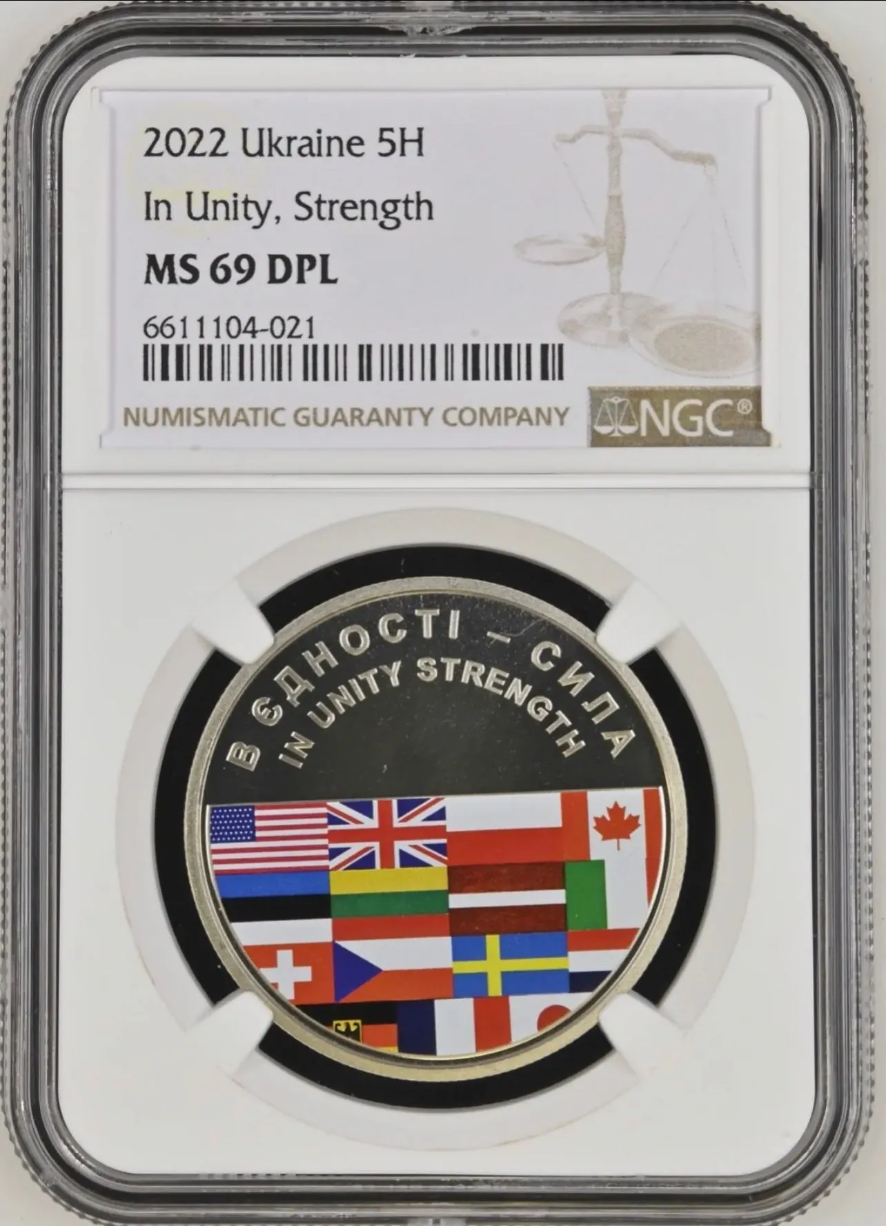 Product image for 2022 Ukraine 5 Hryven NGC MS69DPL “Strength in Unity” Colorized