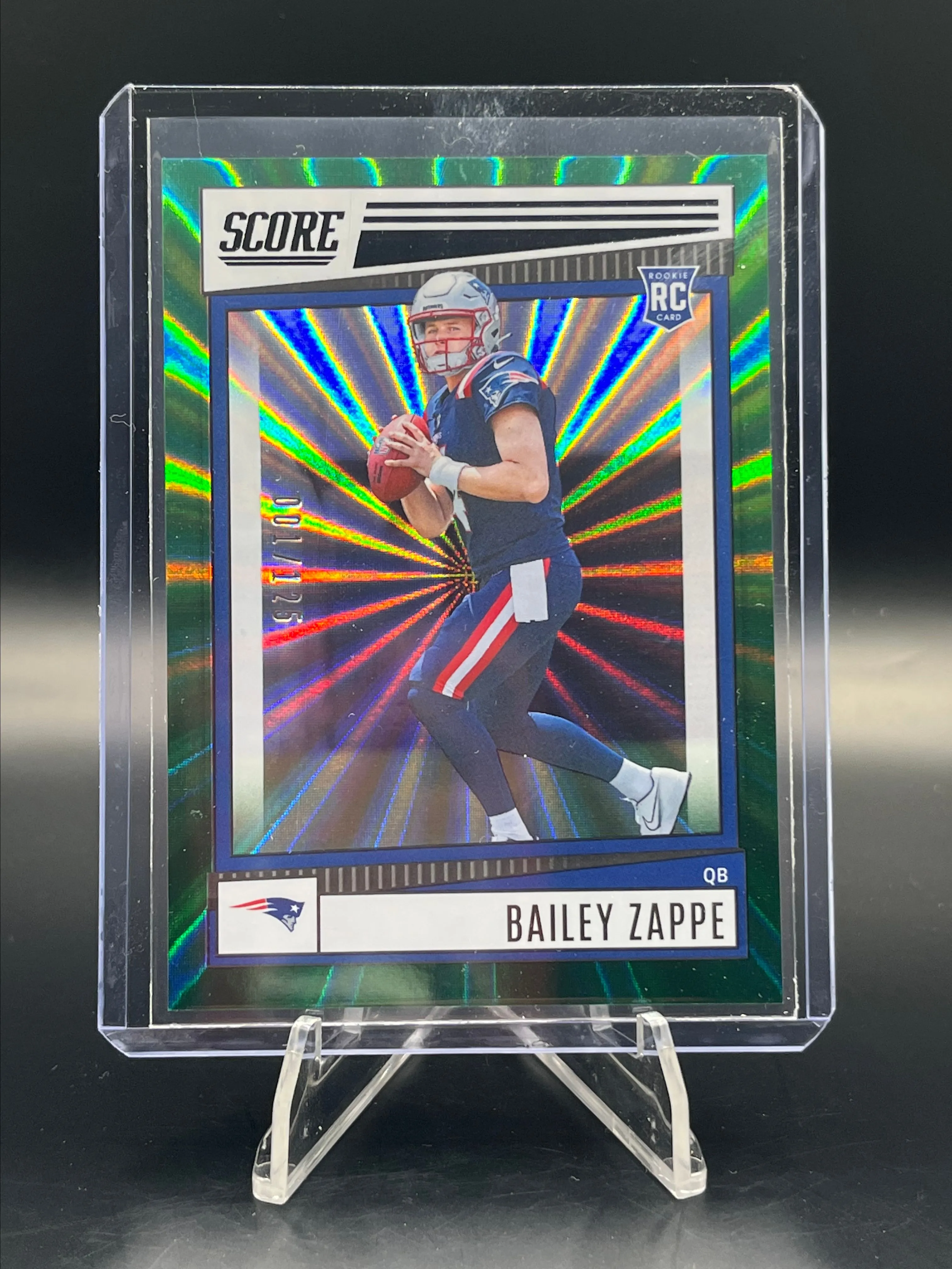 Product image for 1/125 Bailey Zappe QB RC 2022 Panini Score Green Spokes Holo