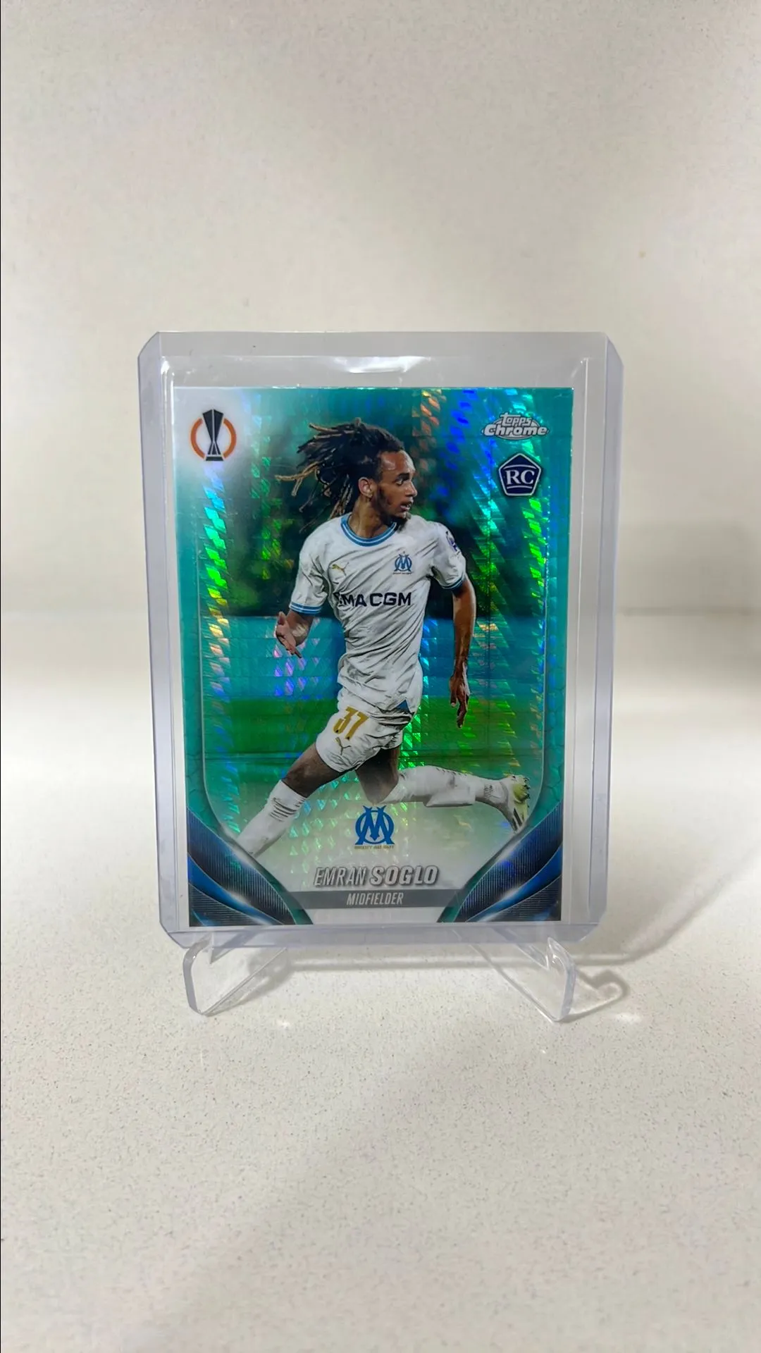 Product image for Emran Soglo Olympique De Marseille RC Topps Chrome #184 2023-2024 Aqua Prizm Refractor