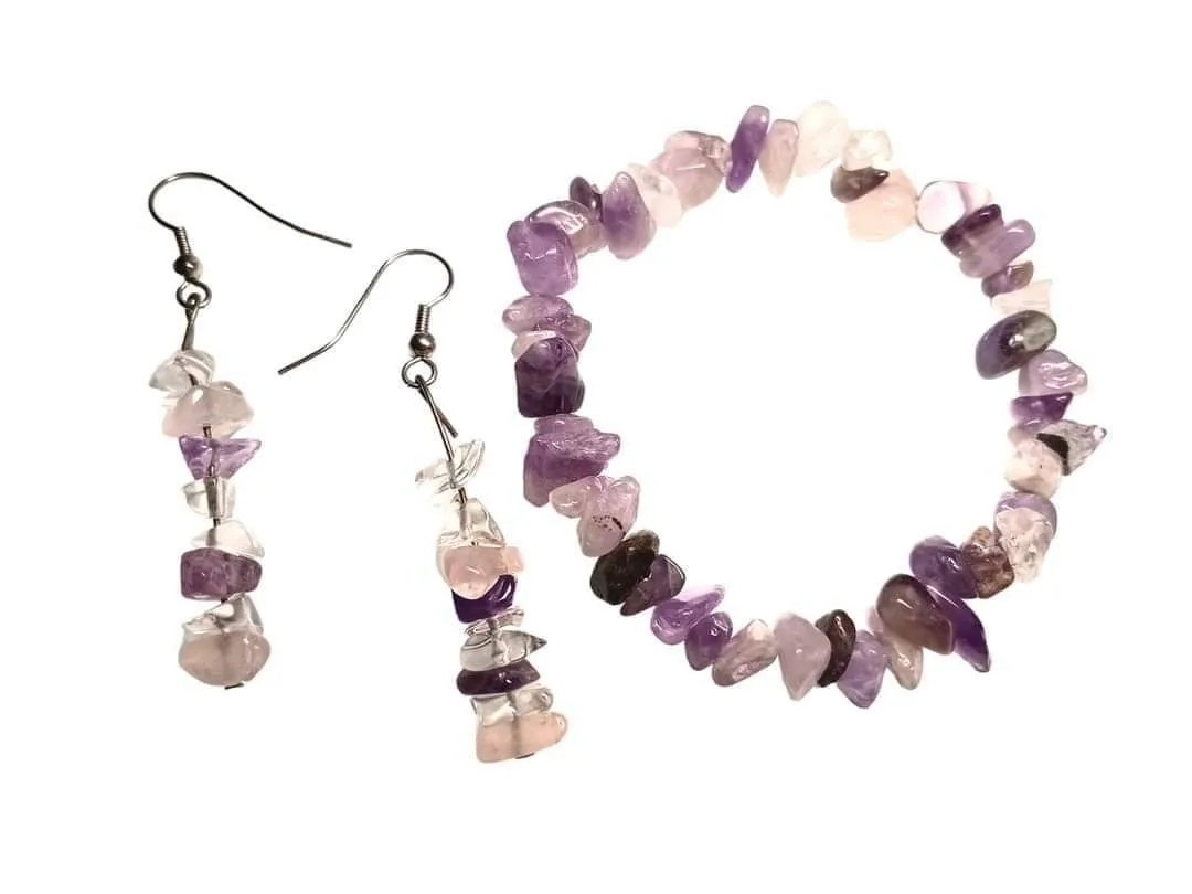 Product image for Amethyst chunk beaded stretch bracelet &  2 1/2" earrings.