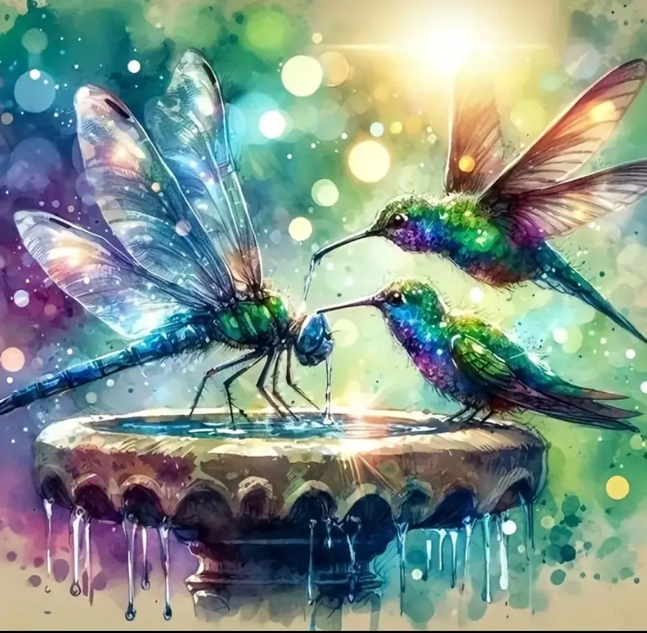 Product image for #324 Dragonfly and Hummingbirds at water Diamond Painting Art Kit