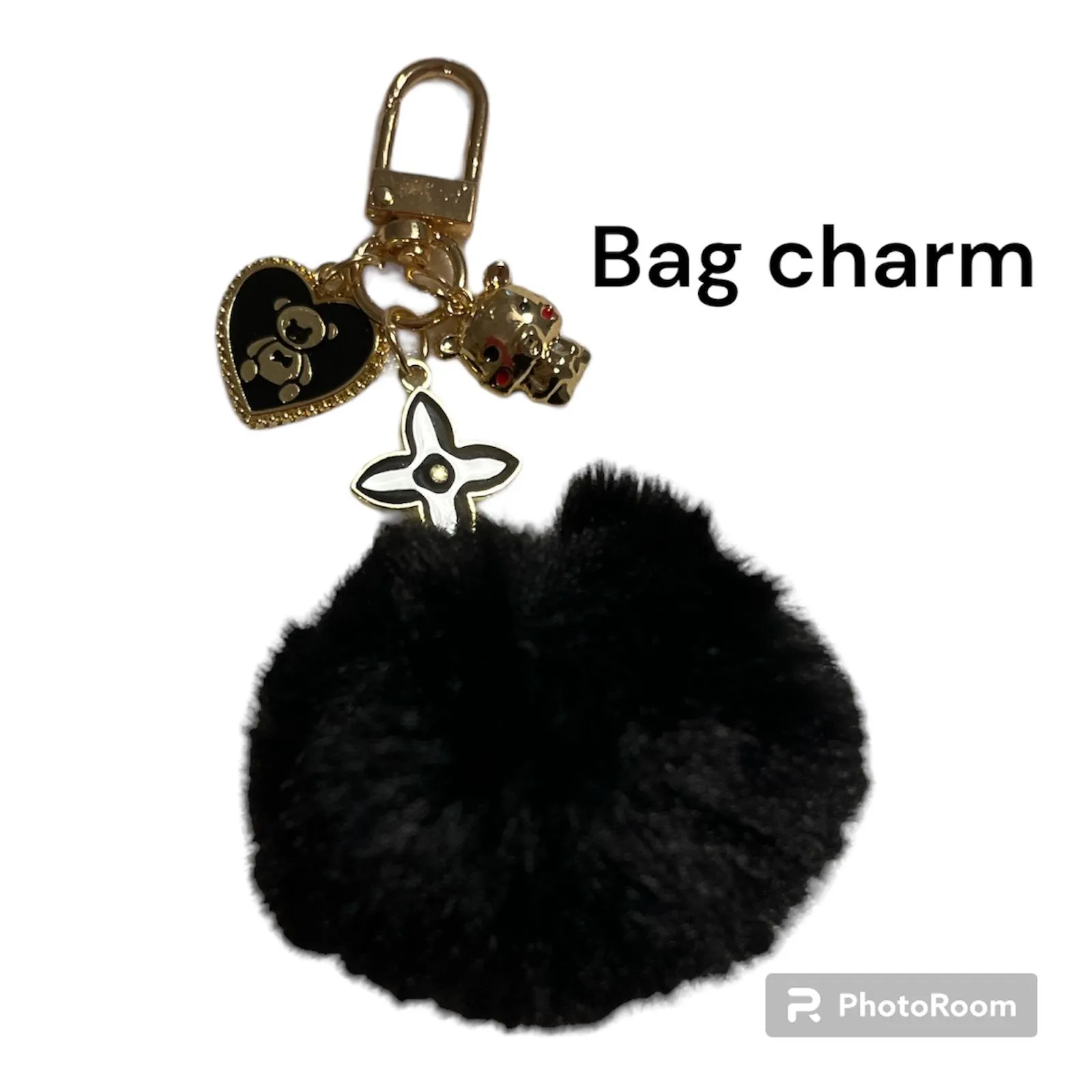 Product image for FAUX RABBIT BLACK FUR POM POM BEAR LOVE CLOVER FLOWER KEYCHAIN BAG CHARM