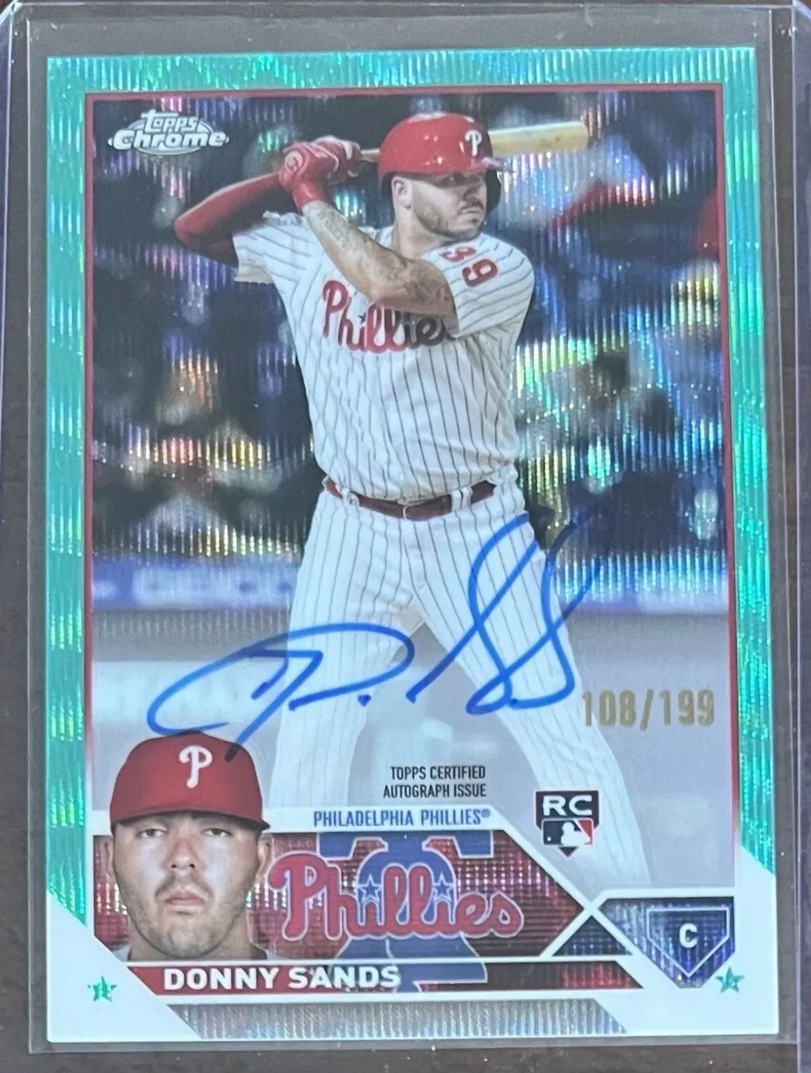 Product image for 2023 Topps Chrome Update Donny Sands Aqua Wave Refractor Rookie Autograph RA-DS 108/199 Phillies