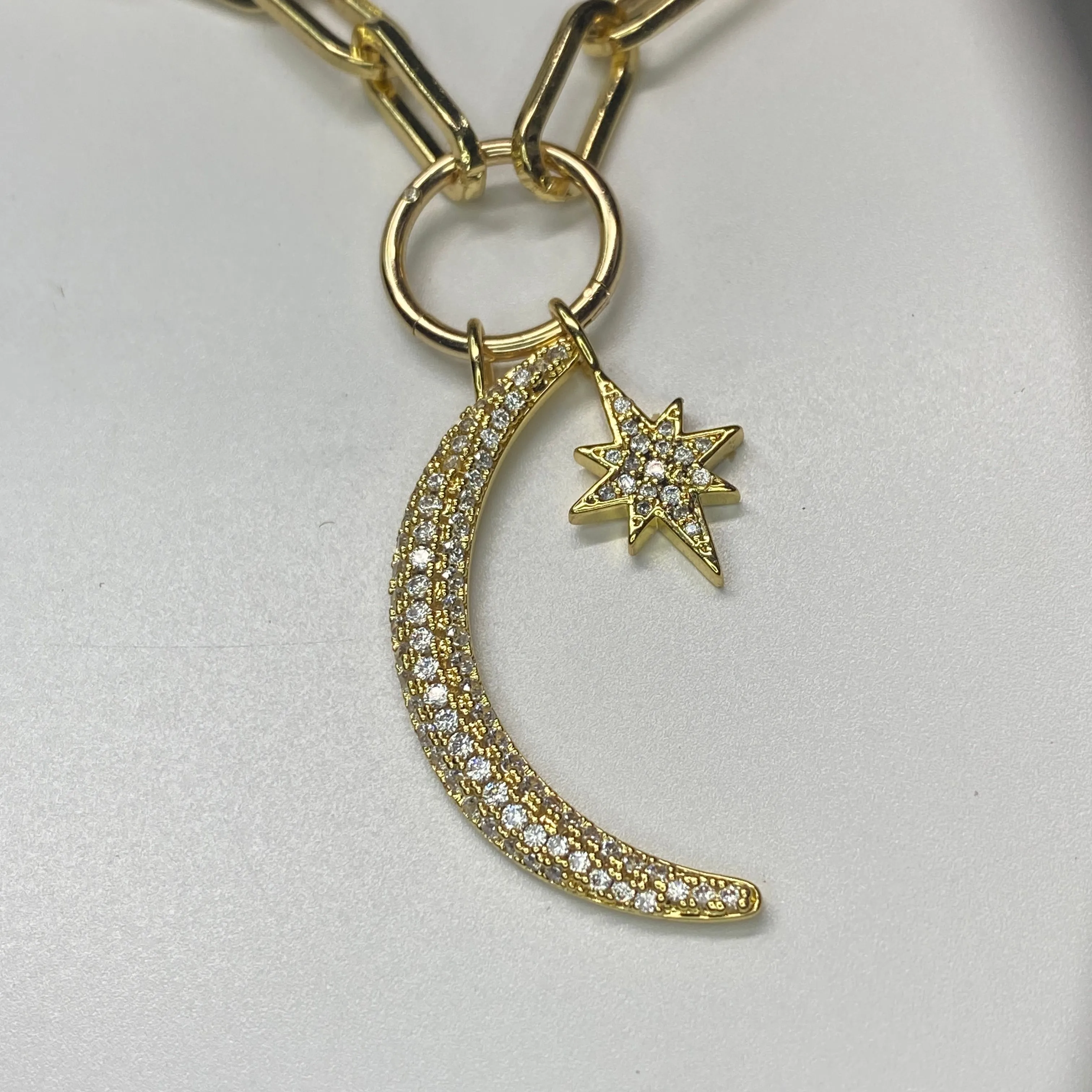 Product image for A547 Celestial Moon & North Star Charm Gold Tone Cham Necklace W/ Paper Clip Chain