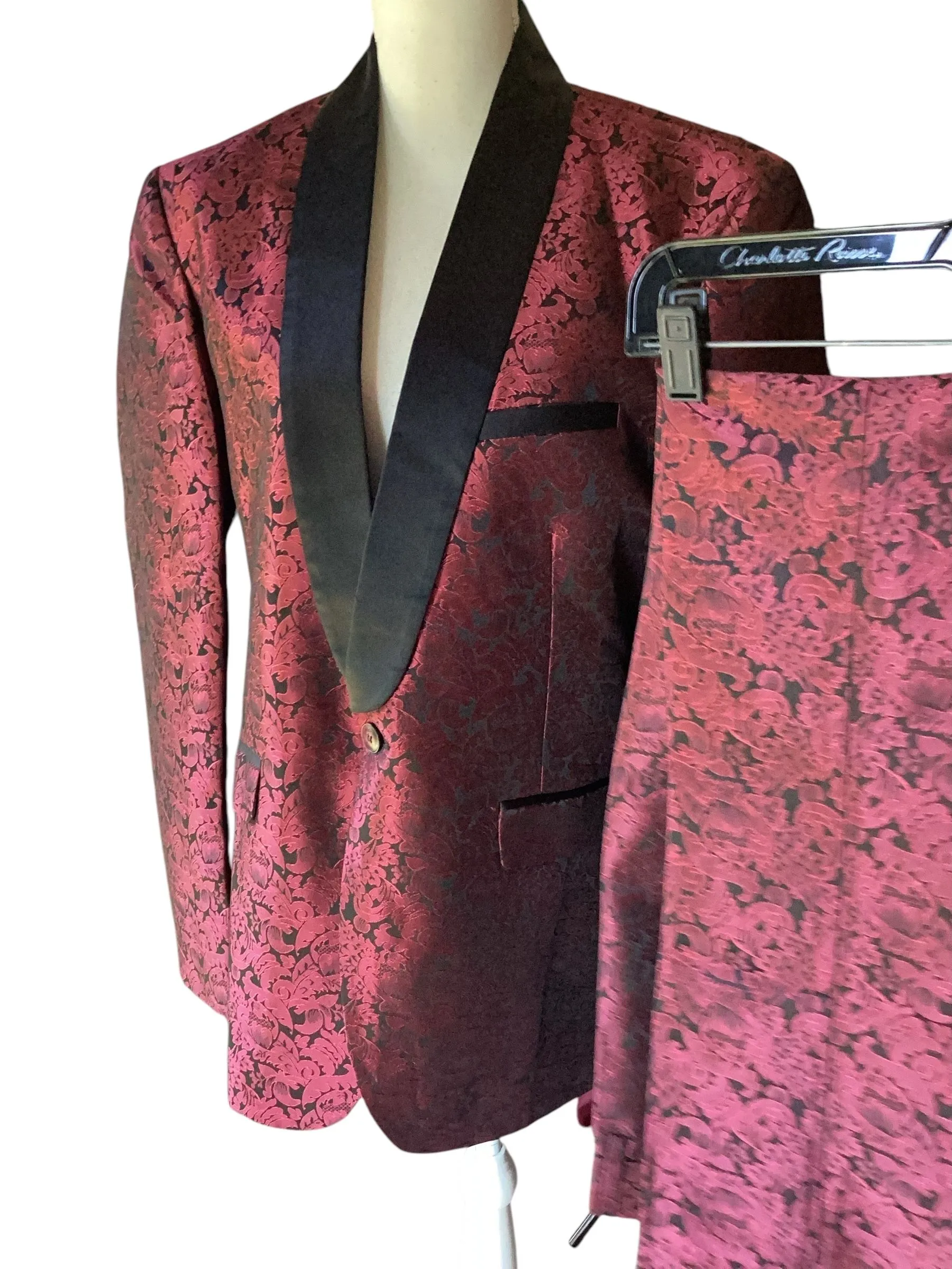 Product image for 2 Piece Burgundy & Black Damask Tuxedo (b36)