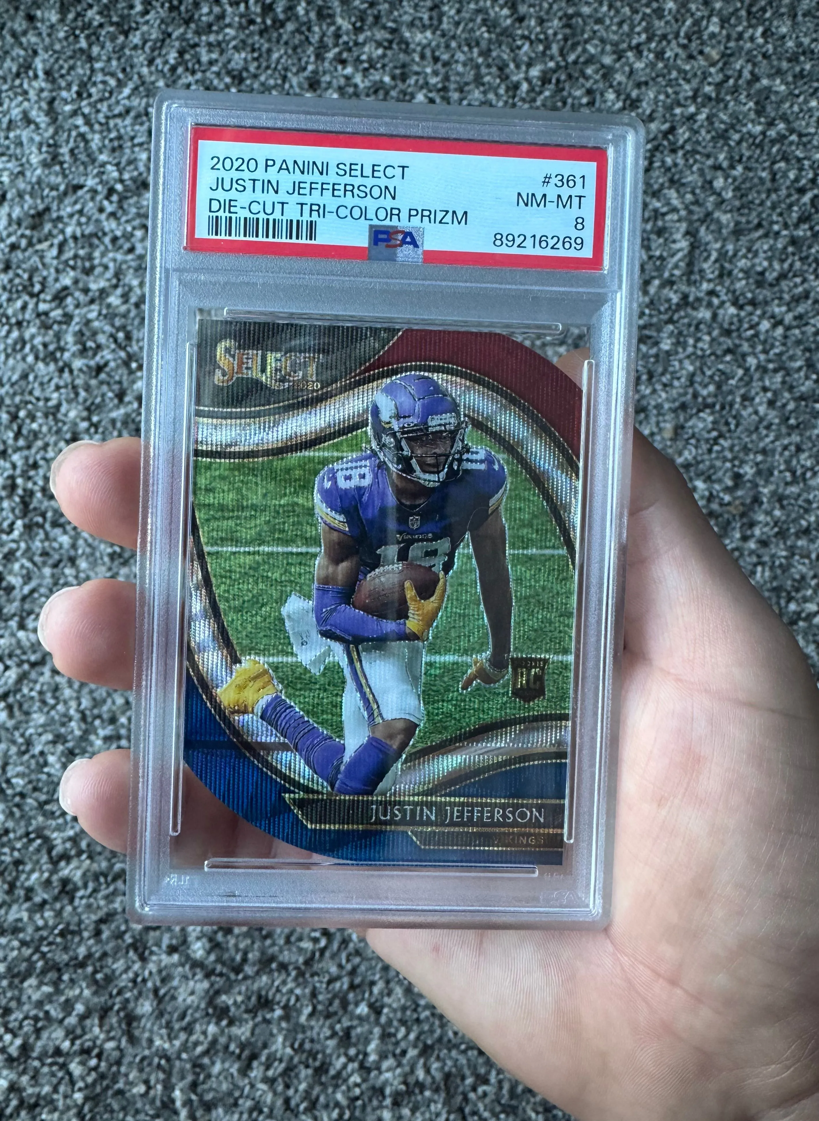 Product image for 2020 Panini Select Justin Jefferson 361 Die-Cut Tri-Color Prizm PSA NM-MT 8