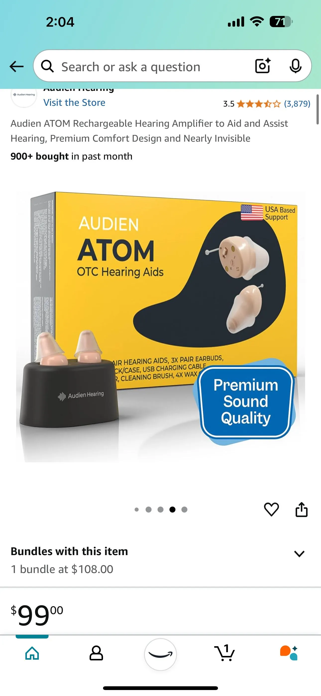 Product image for Audien ATOM Rechargeable Hearing Amplifier to Aid and Assist Hearing, Premium Comfort Design and Nea