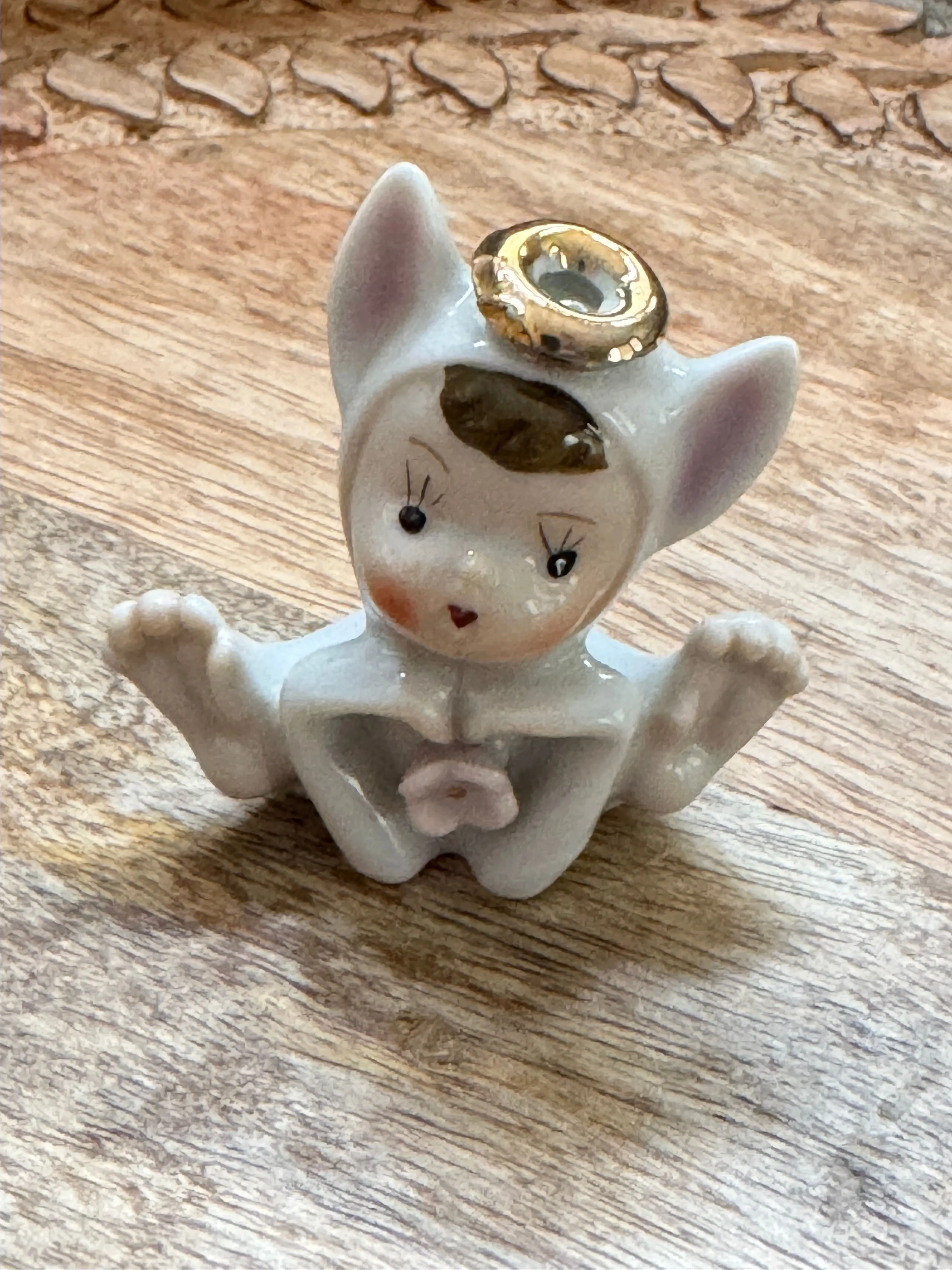 Product image for 32. Vintage Miniature  Cat/Bunny Angel  Ceramic 2.5” Tall