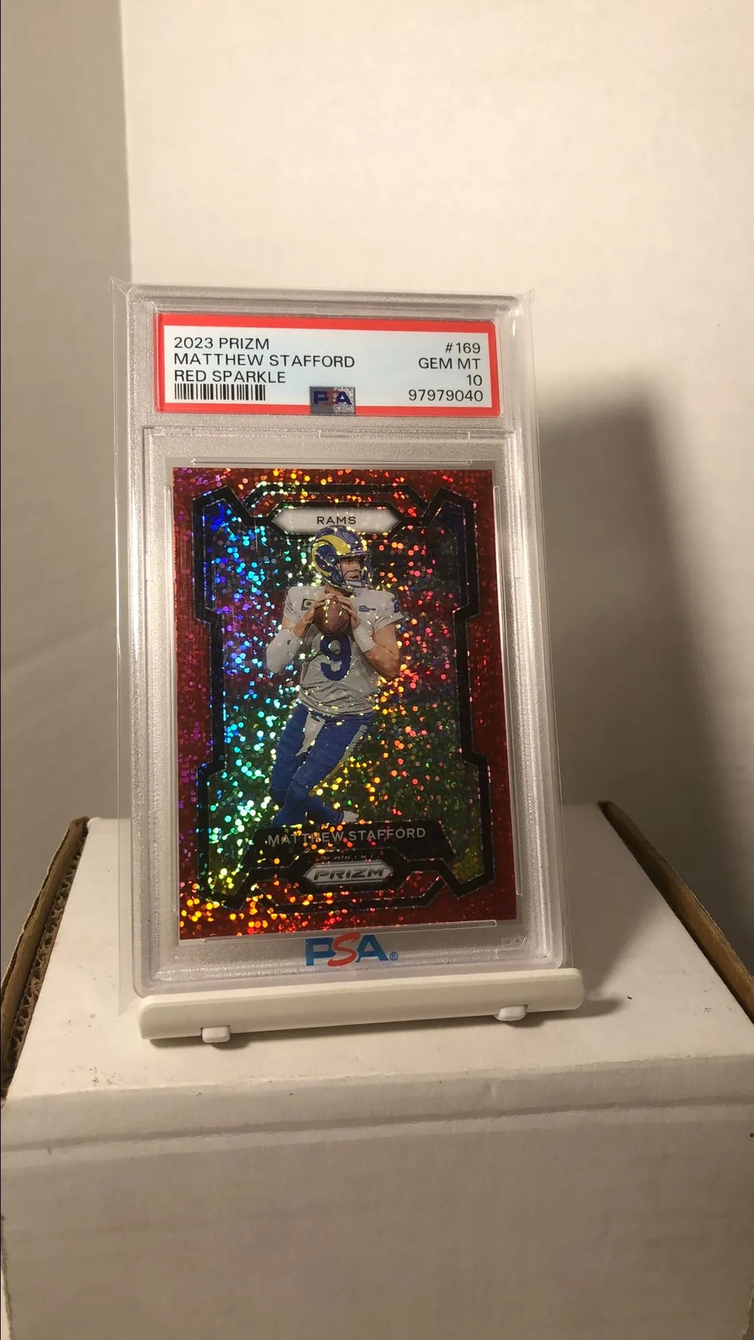 Product image for Matthew Stafford 2023 Prizm Red Sparkle PSA 10 SSP