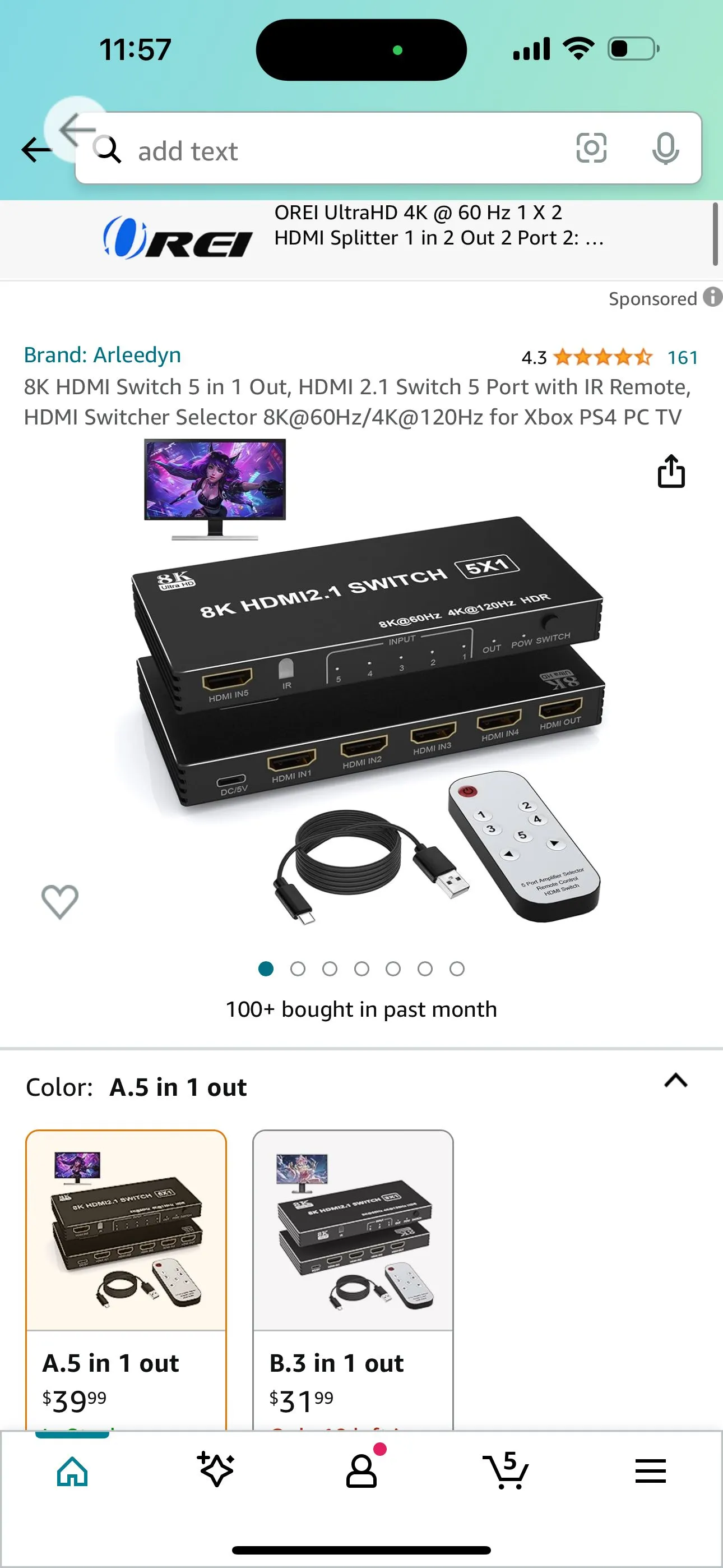 Product image for 8K HDMI Switch 5 in 1 Out, HDMI 2.1 Switch 5 Port with IR Remote, HDMI Switcher Selector 8K@60Hz/4K@