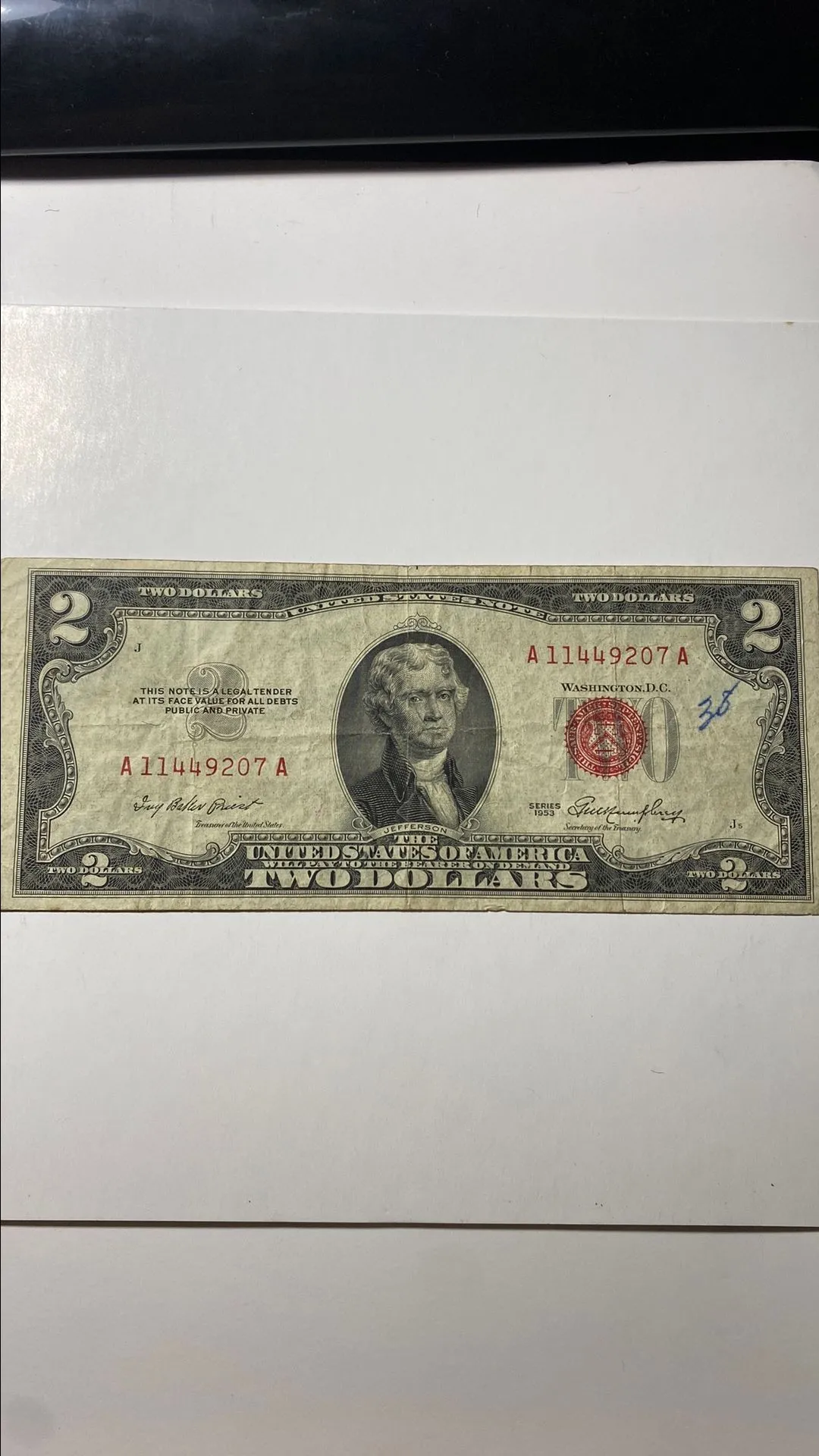 Product image for item #21 2$ red seal note 1953 #A11449207A