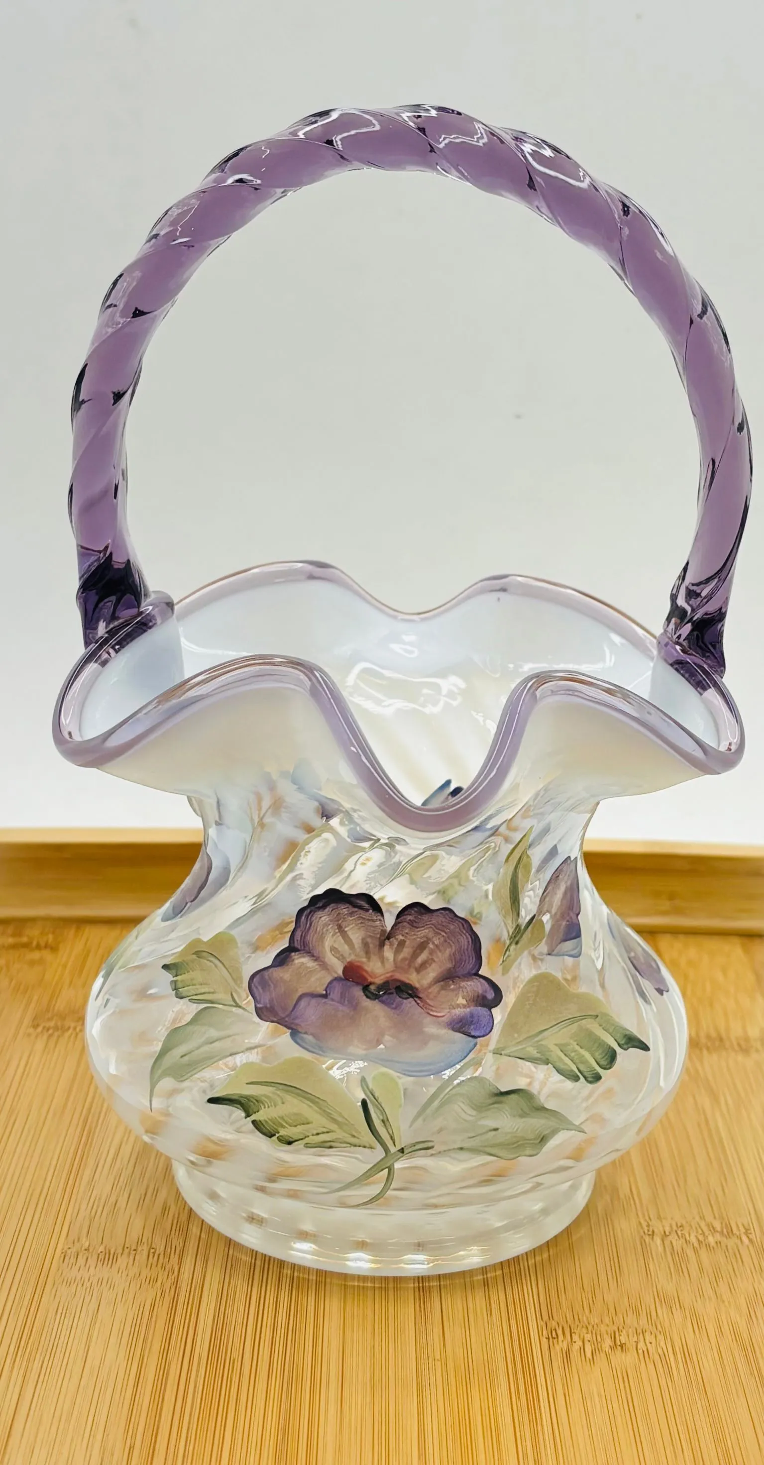 Product image for Fenton Art Glass Basket Purple Lavender Amethyst White Swirl Painted Flowers