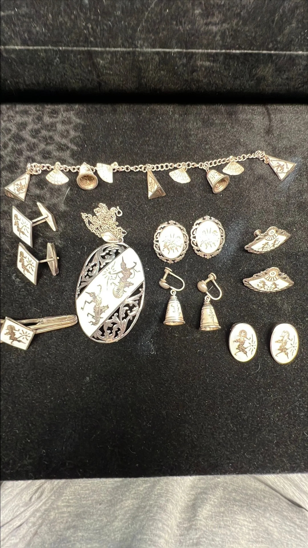 Product image for #009 Vintage Siam Sterling Niello Jewelry Set – Necklace, Bracelet, Cufflinks, Tie Clip & Earrings