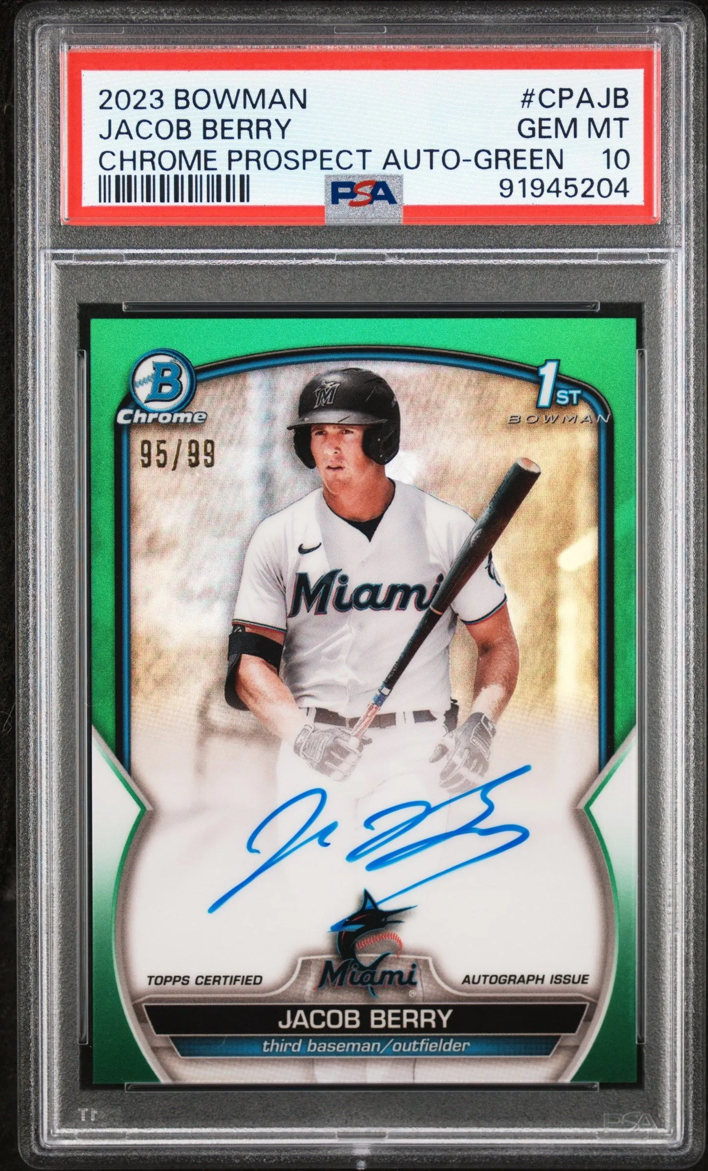 Product image for 2023 Bowman Chrome Prospect Autographs Jacob Berry CPAJB Chrome Prospect Auto-Green PSA GEM MT 10