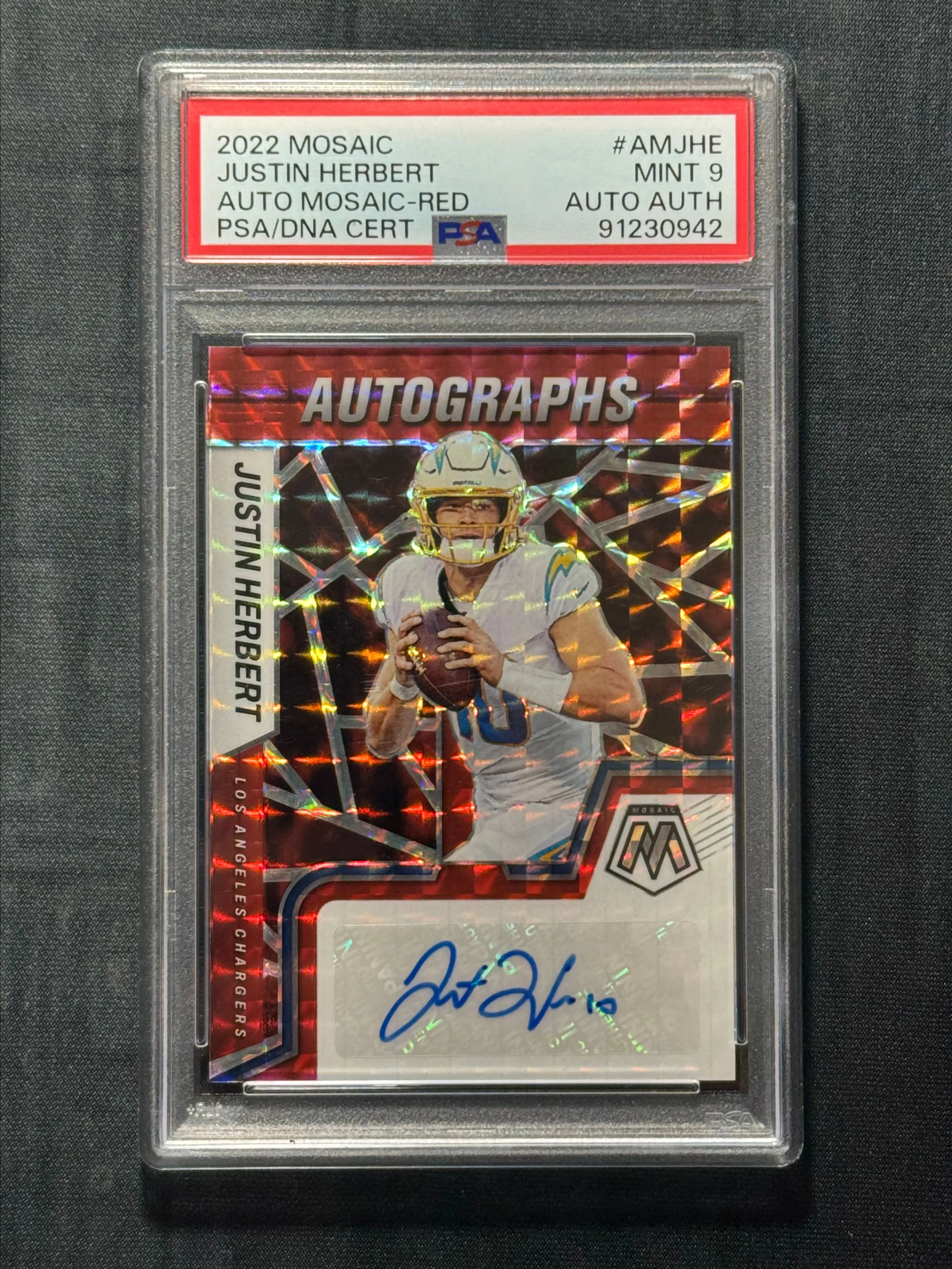 Product image for 2022 Panini Mosaic Autographs Mosaic Justin Herbert AMJHE Auto Mosaic-Red PSA MINT 9