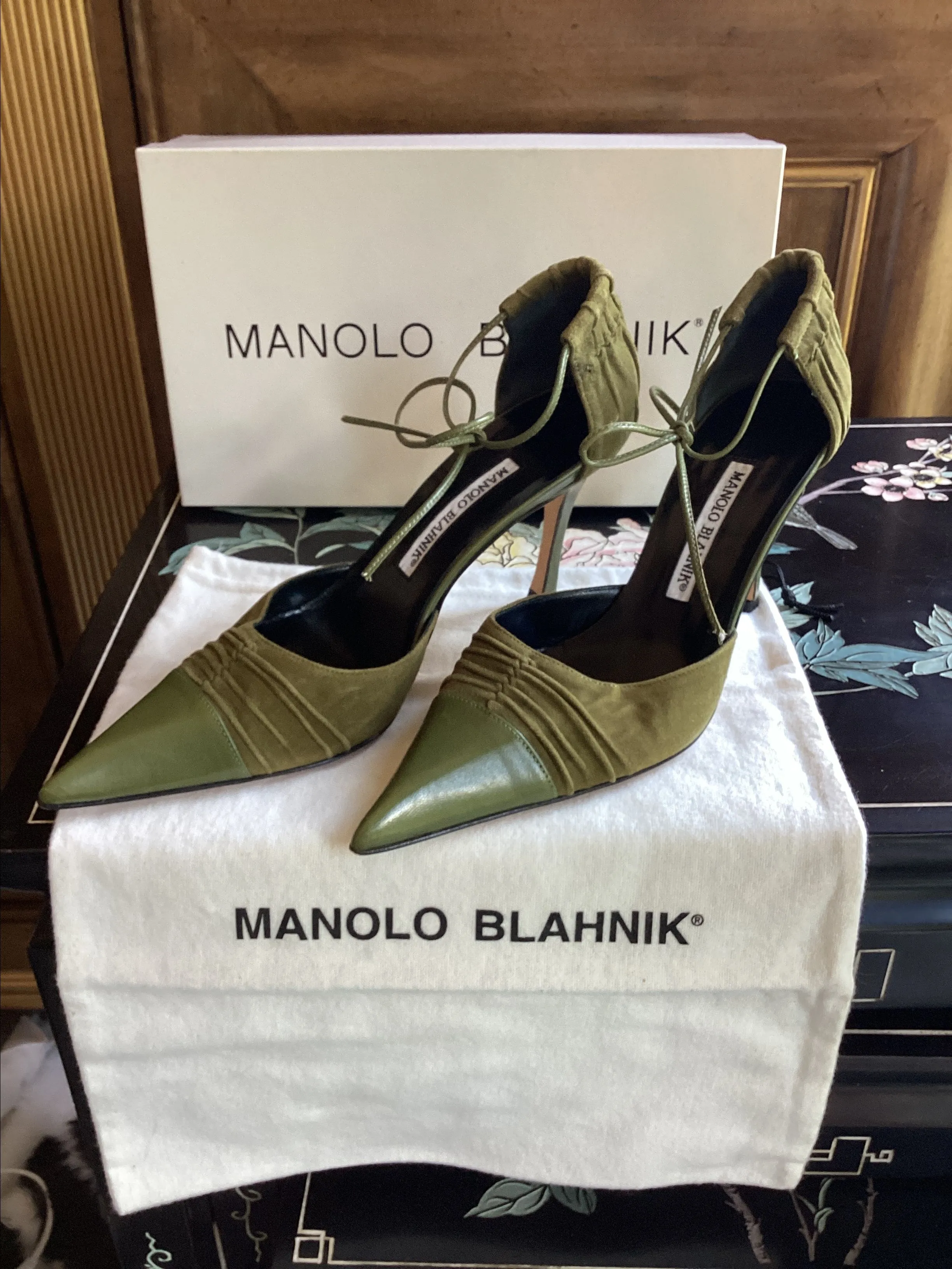 Product image for Manolo Blahnik Olive Green Suede Heels