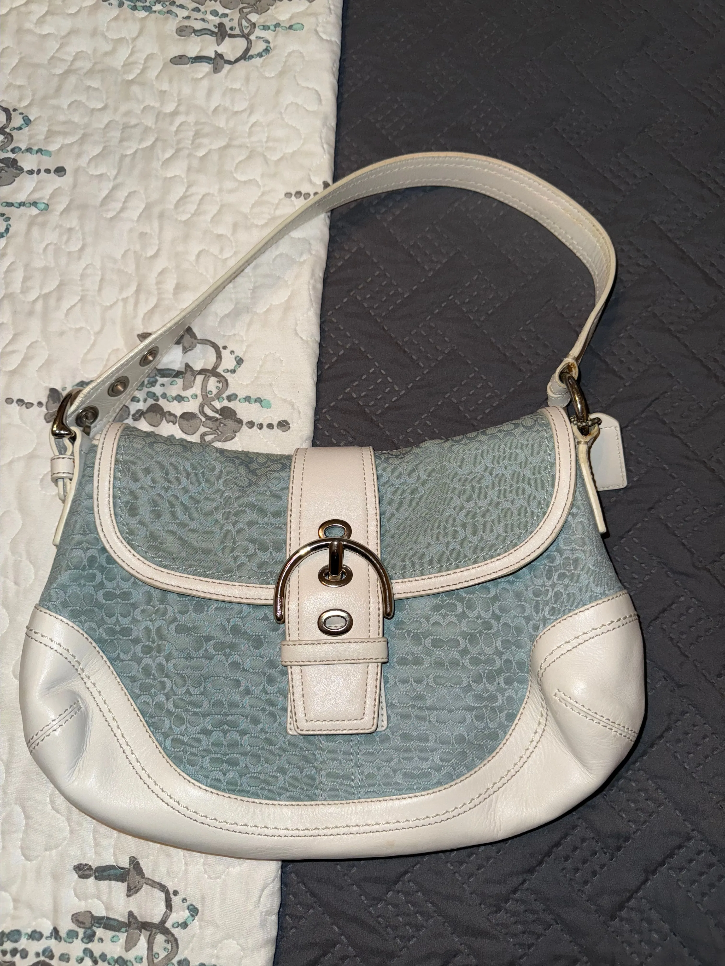 Product image for Coach Soho Flap Bag Vintage Blue Signature Satin White Leather Y2K Shoulder Bag