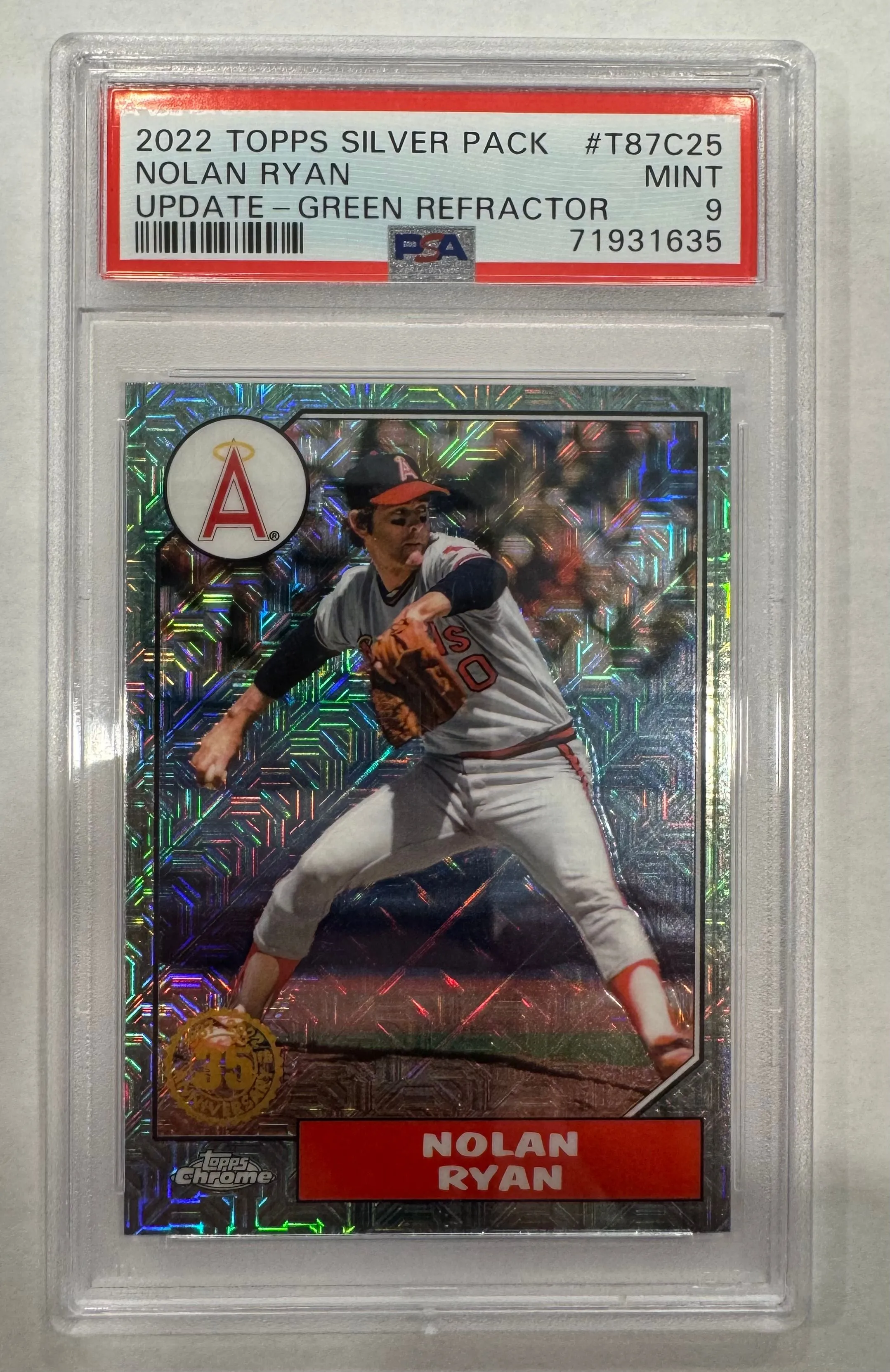 Product image for 2022 Topps Silver Pack 1987 Chrome Promo Nolan Ryan T87C25 Update-Green Ref. PSA MINT 9 Jersey Match