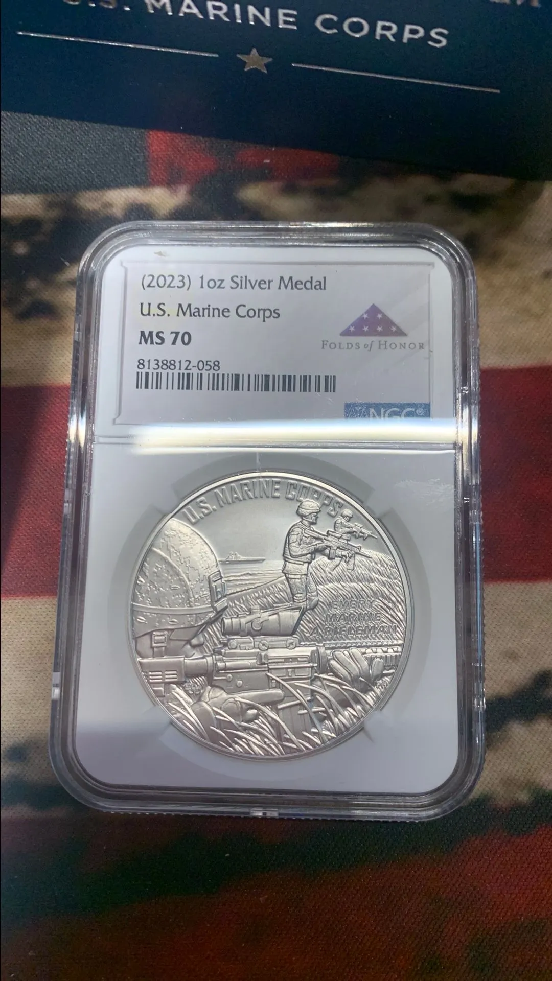 Product image for (2023) ARMED FORCES SILVER MEDAL PROGRAM 1 OZ SILVER MARINE CORP MEDAL NGC MS70 FOLDS OF HONOR LABEL