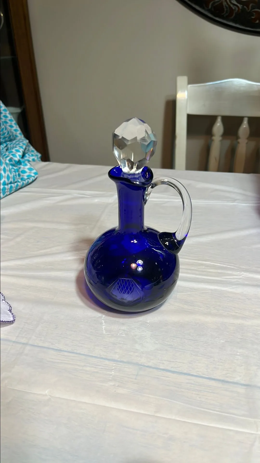 Product image for Vintage Cruet Cobalt Blue Czech Cut to Clear Etched Crystal Oil and Vingar #2