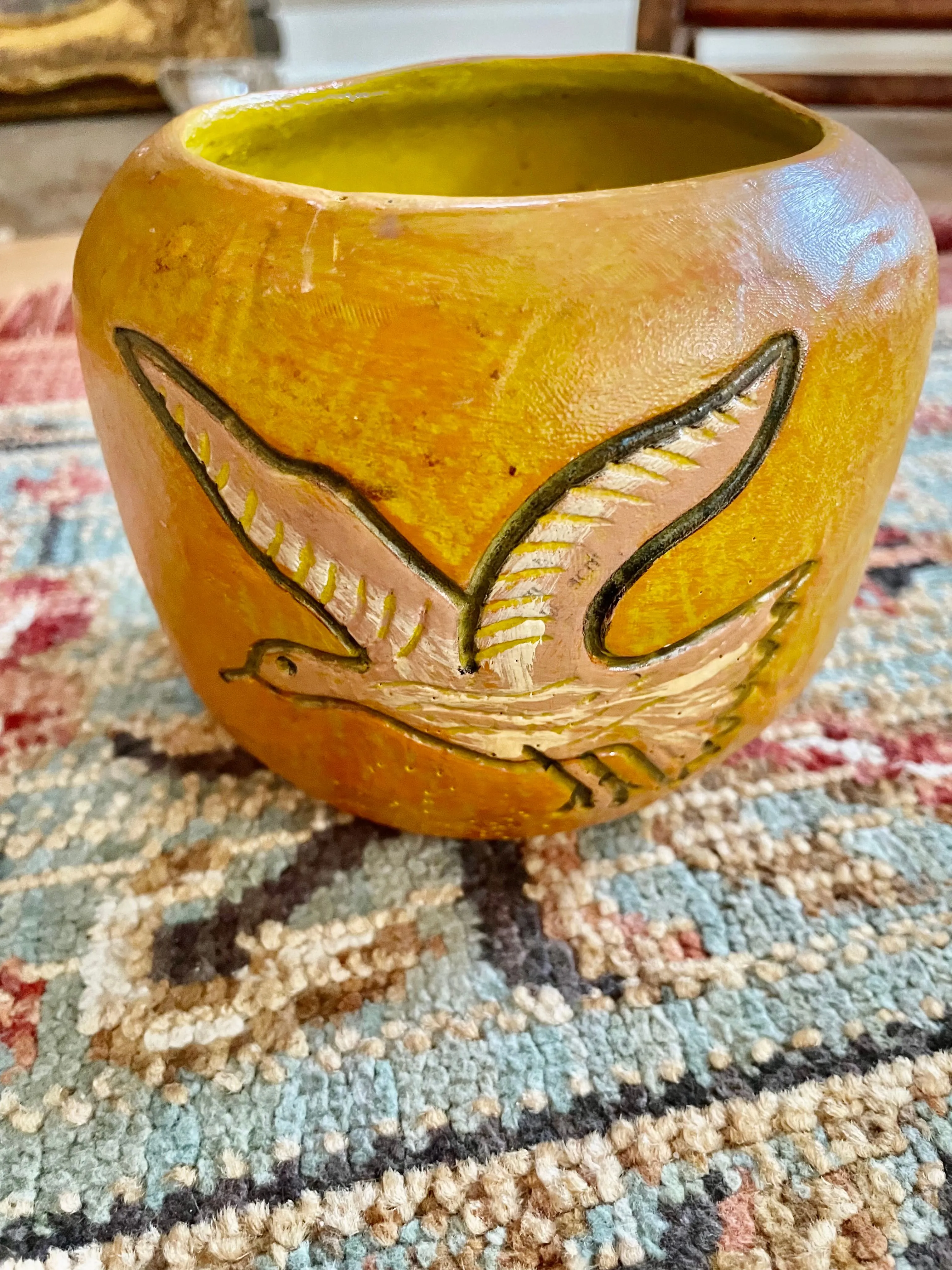 Product image for VTG Yellow Wooden Bird Pot, Central America