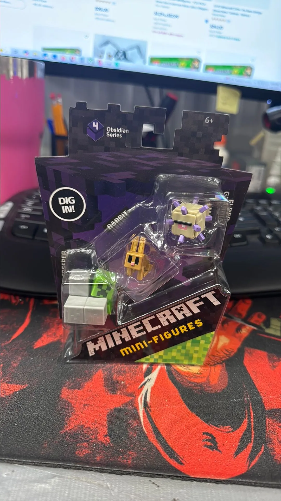 Product image for Minecraft mini figures. Sneaky creeper. Rabbit. Elder guardian.