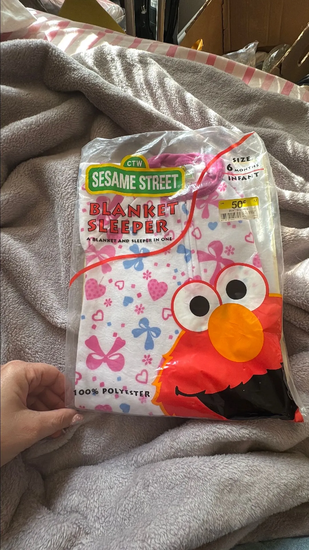 Product image for Vintage Sesame Street blanket sleeper. Size 6 months, pink and blue hearts and bows.
