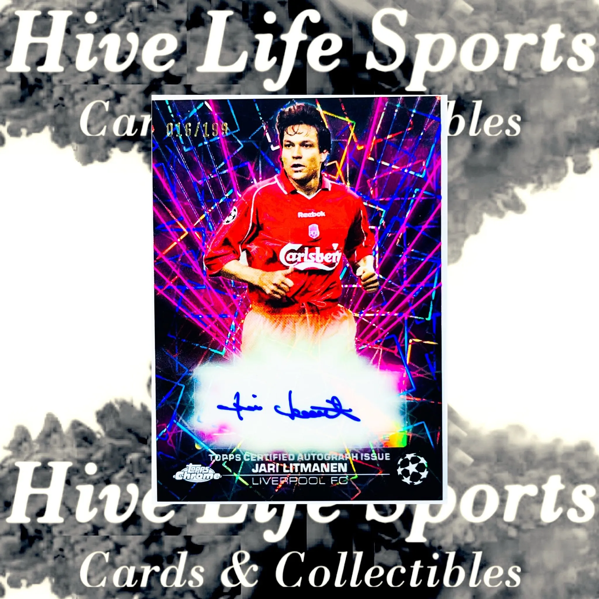 Product image for Jari Litmanen 2023-24 Topps Chrome UCC Pink Lazer Auto /199 #BLA-JL Liverpool