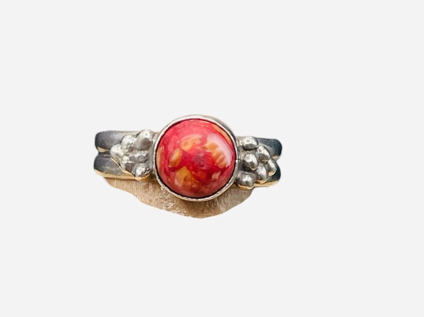 Product image for R021. Running Bear signed Coral & ss ring sz 8
