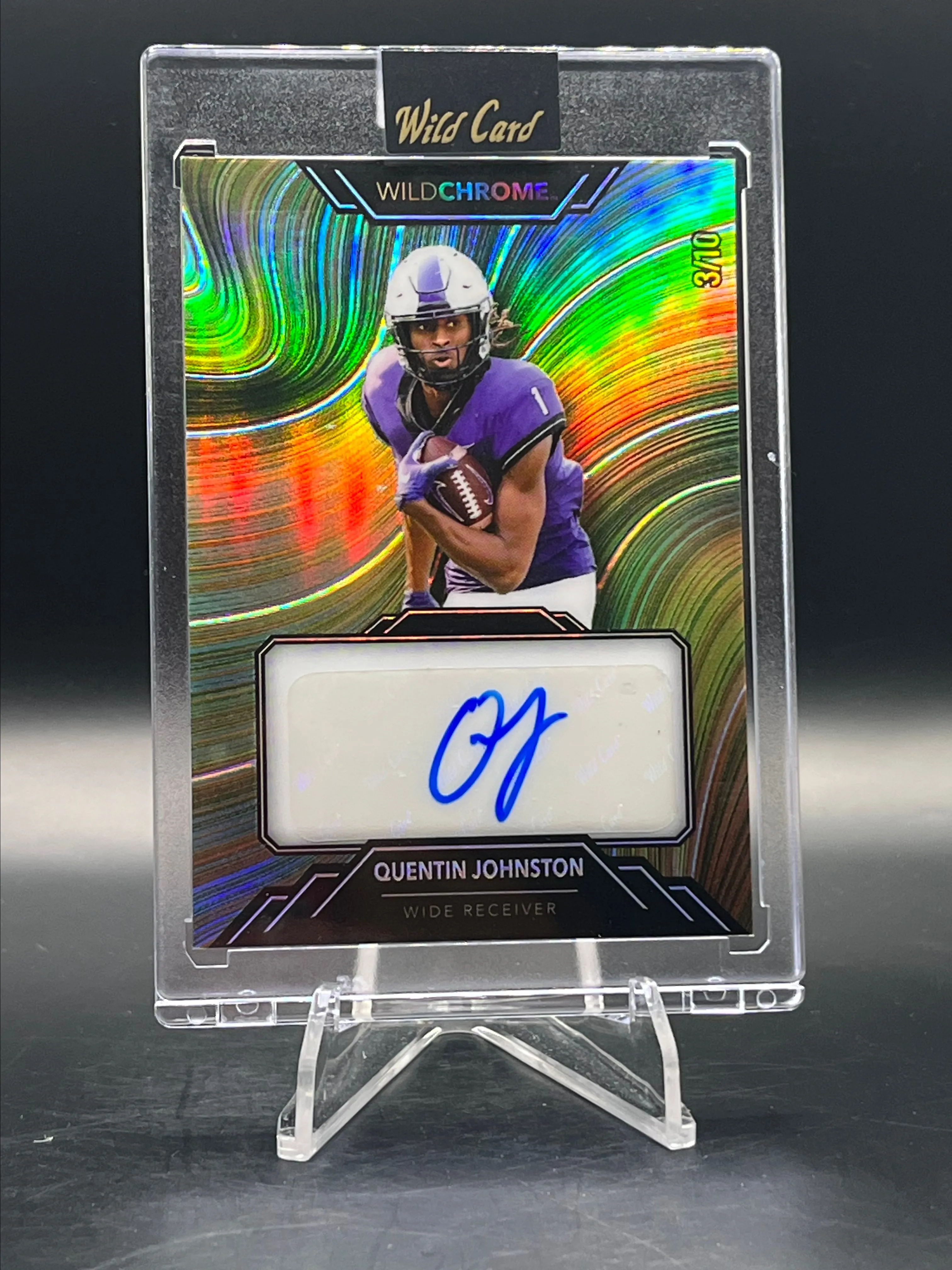 Product image for 3/10 Quentin Johnston TCU / Chargers WR 2023 Wild Card WildChrome WildRibbon Auto Teal Rainbow